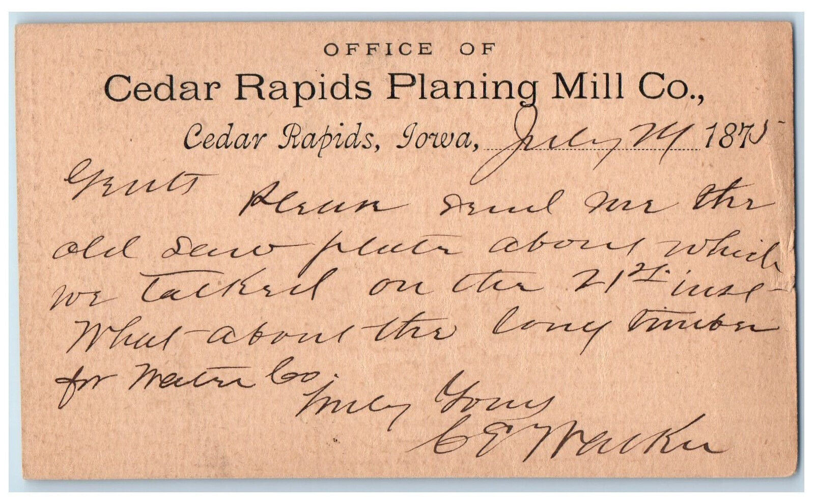 1875 Cedar Rapids Planning Mill Co. Cedar Rapids Iowa IA Posted Postal Card