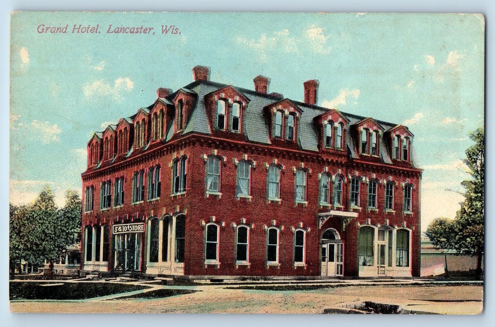 c1910's Grand Hotel & Restaurant Building Entrance Lancaster Wisconsin Postcard