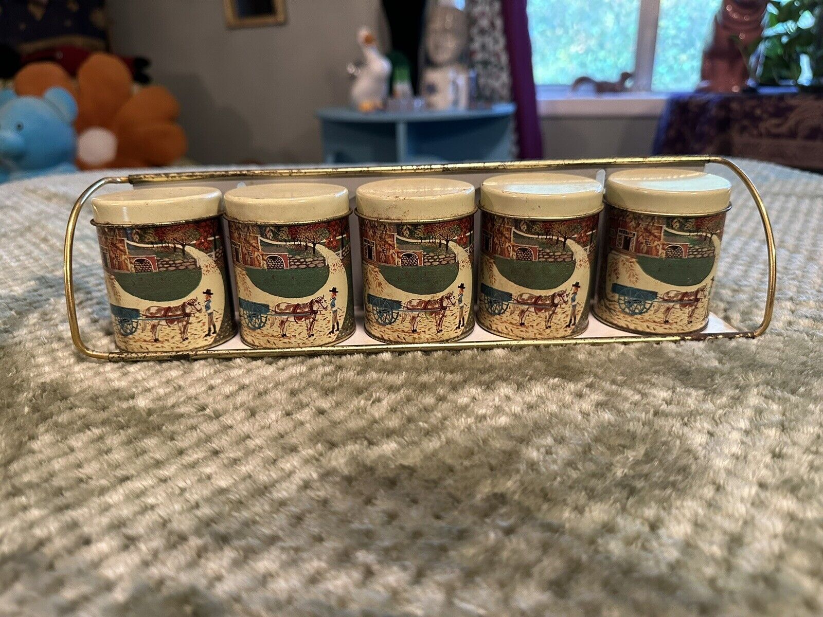 Vintage Meister Amish Country Farm Tin Canister Set With Shelf