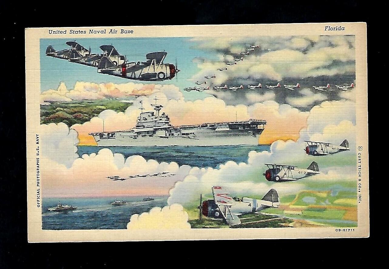 Aviation Postcard WWll US Naval Air Base, Ship, Planes Military Linen