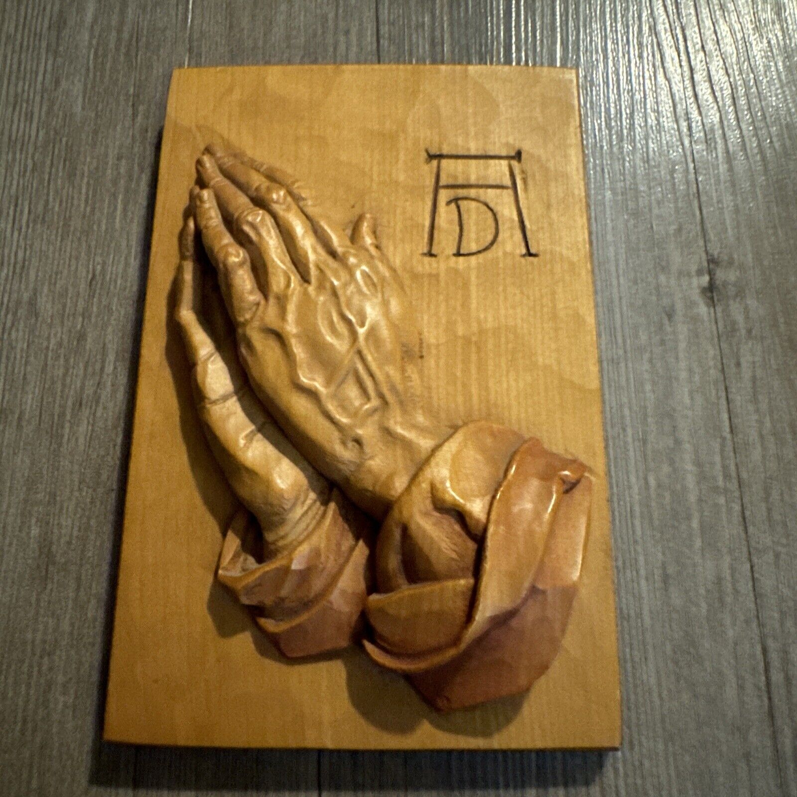 Vintage Religious Christian Wood Carved Praying Hands 5x7 Wall Plaque ANRI