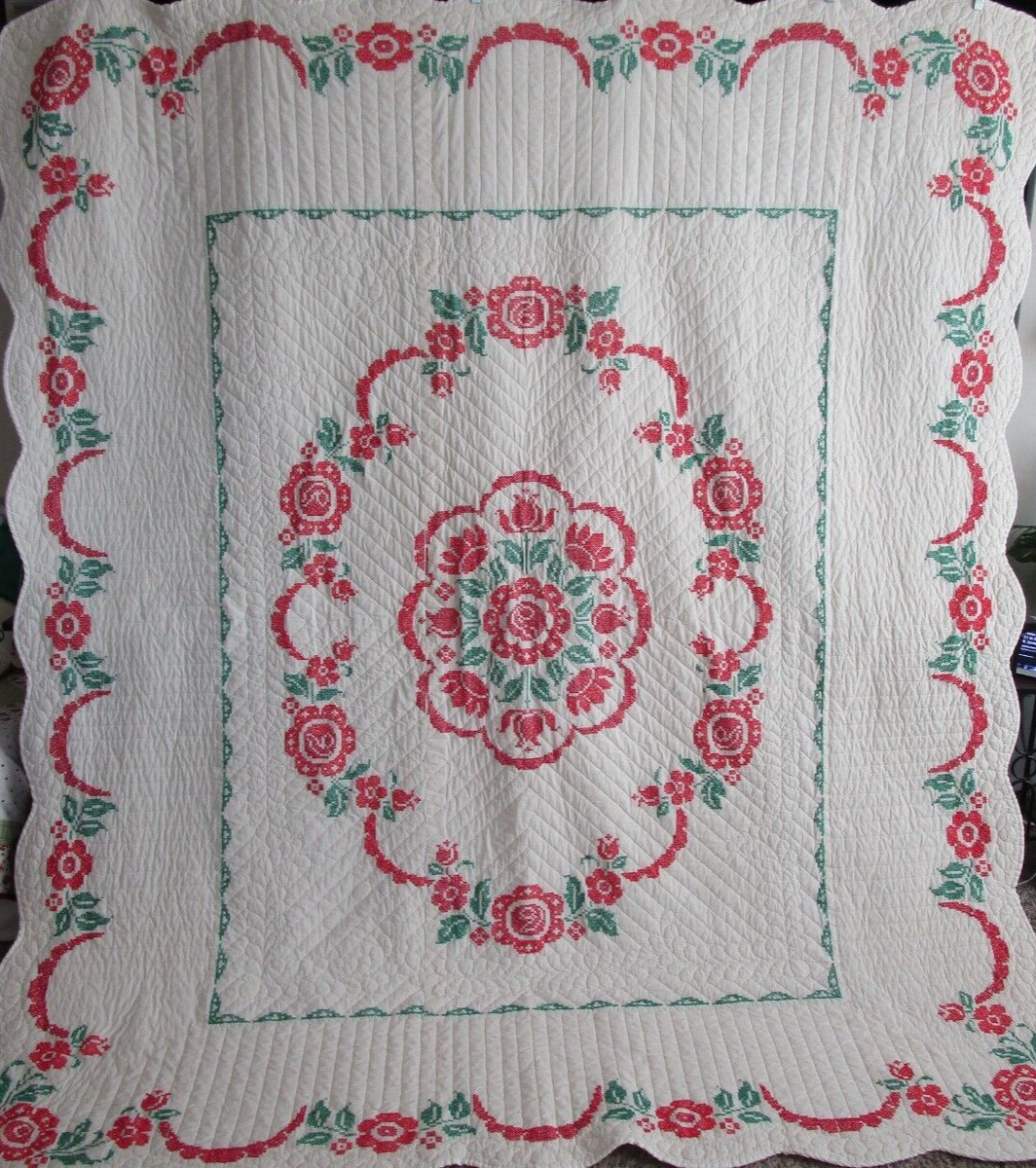 Vintage Hand Quilted Quilt Embroidered, 80 X 92, RED, GREEN FLORAL, NICE