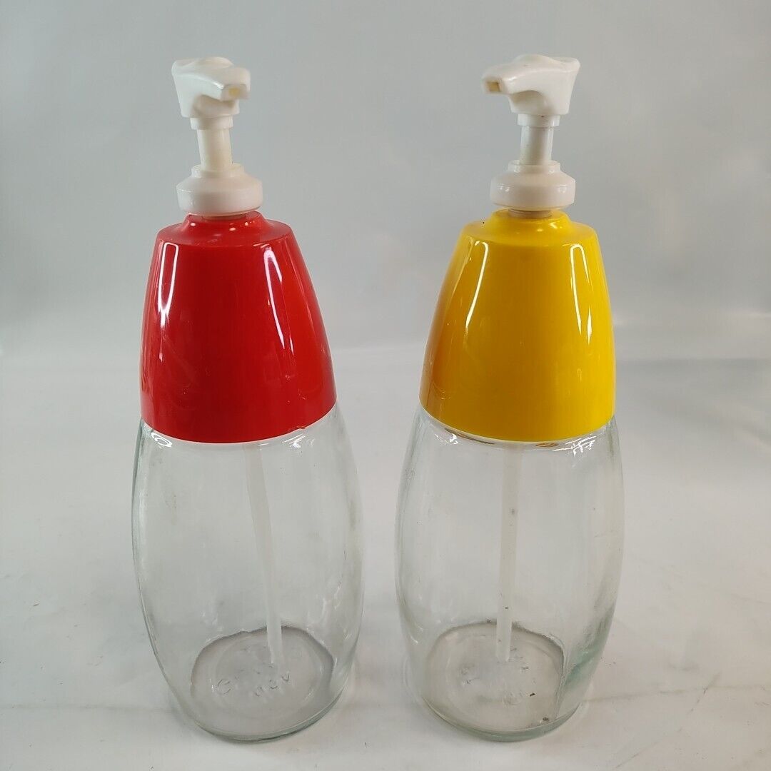 Vintage Gemco Serving Ware Ketchup and Mustard Pump Dispensers Set Glass MCM Set