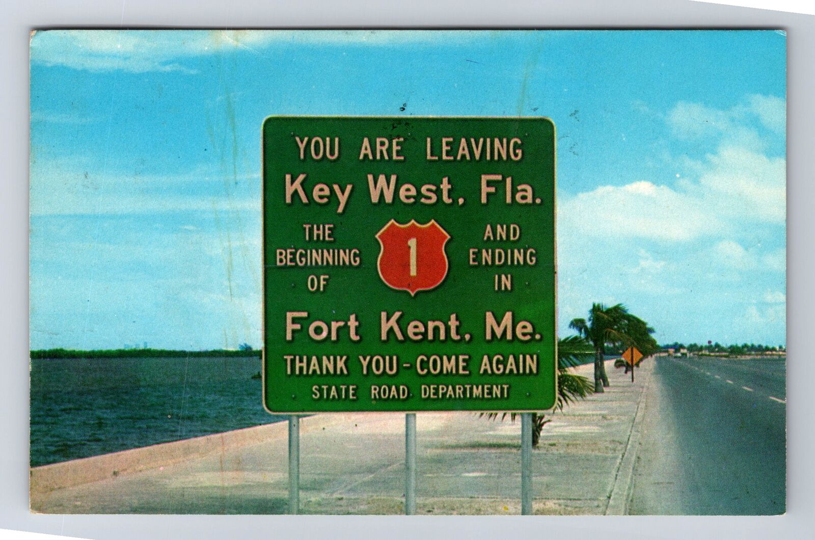 Key West FL-Florida, Sign Leaving Key West To Maine, Vintage c1966 Postcard
