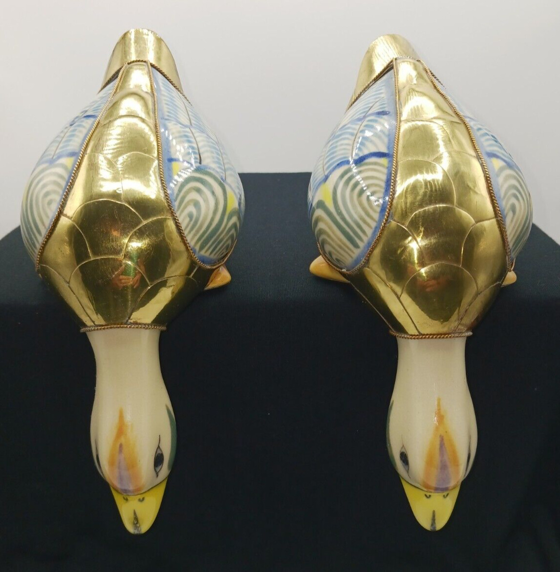 Vtg Tonala Mexico Pottery Duck Armored Brass Scales Shelf Sitter Set of 2