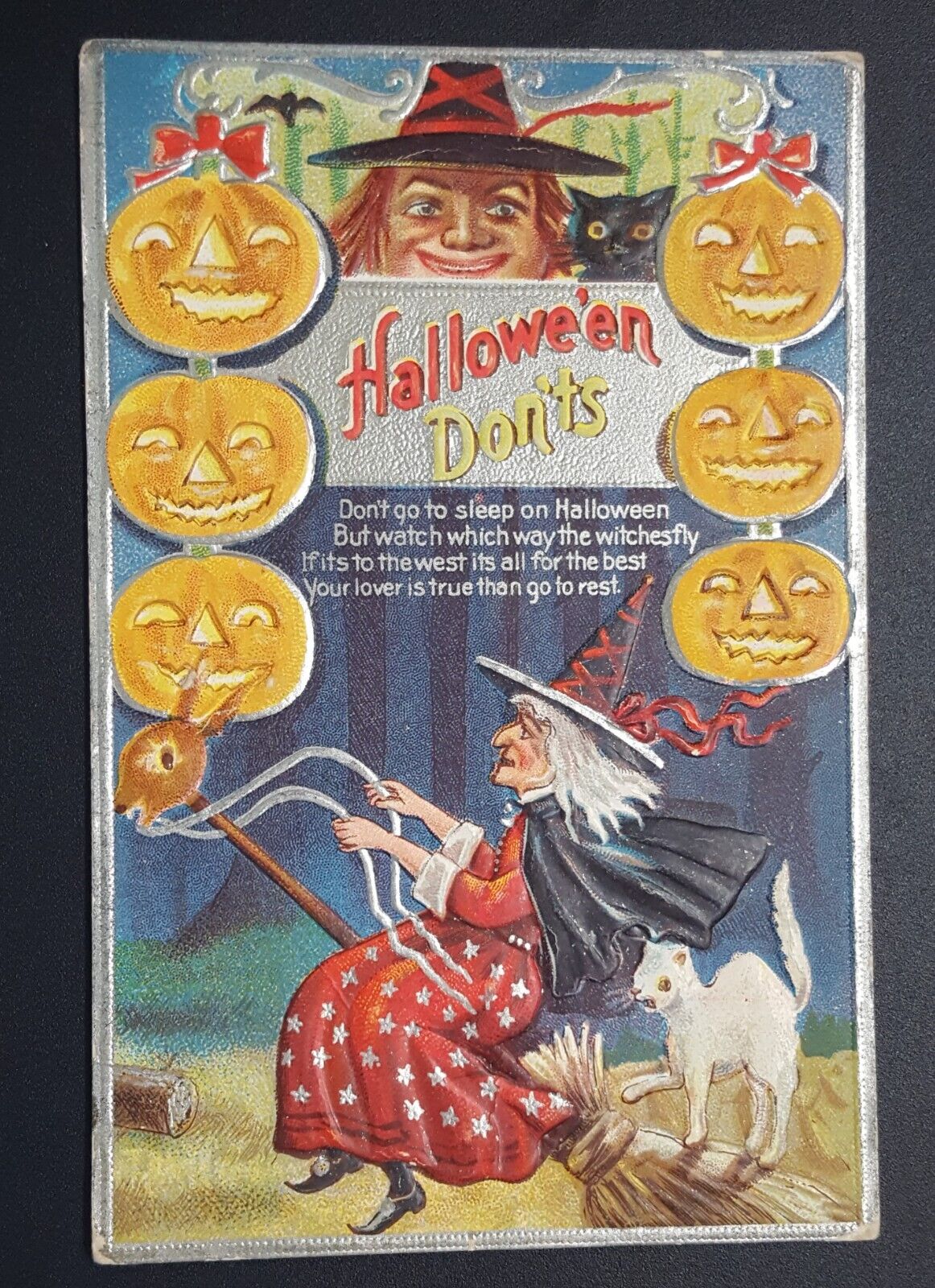 Halloween Don'ts ML Jackson Postcard Witches JOL Cats Silver Embossed Antique