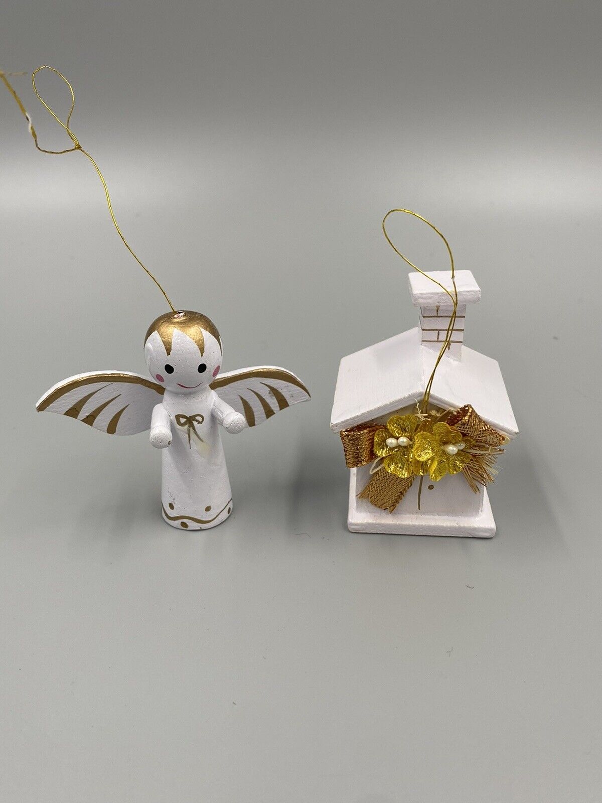 Set Of 2 White & Gold Wooden Christmas Ornaments  Made In Taiwan Angel & House