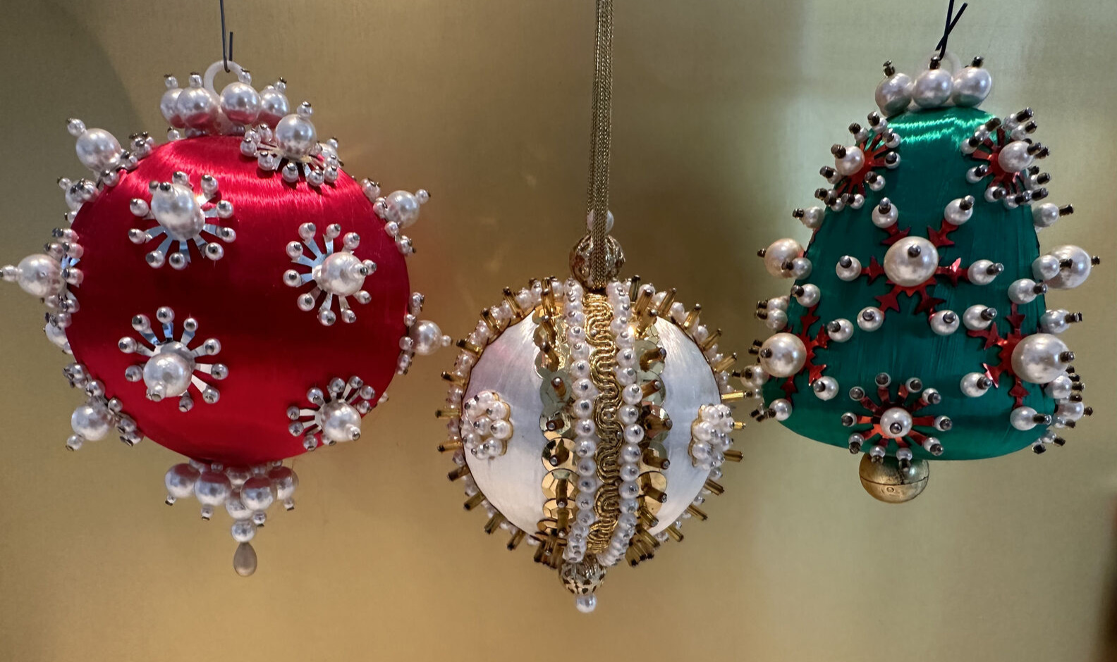 Vintage Lot of 3 Handmade Beaded Faux Pearl Push Pin Christmas Ornaments