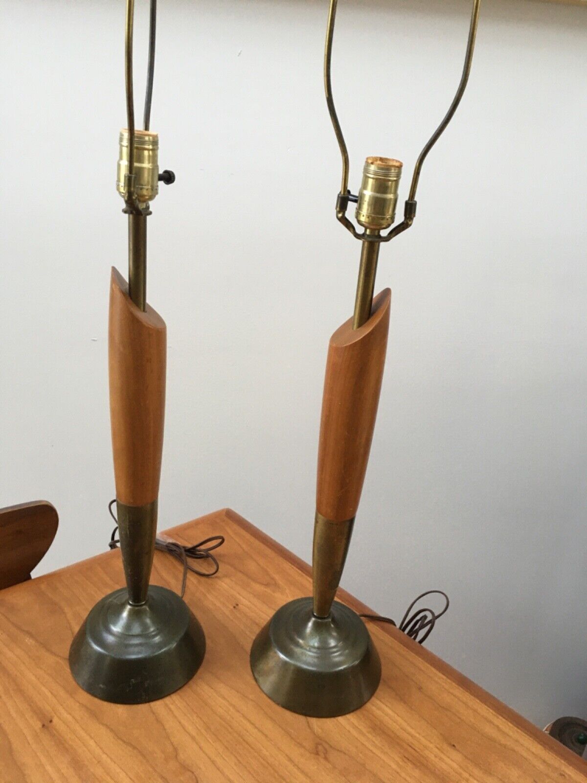 Pair of Mid-Century Atomic Space Age Walnut Brass Eames Era , MCM Table Lamps
