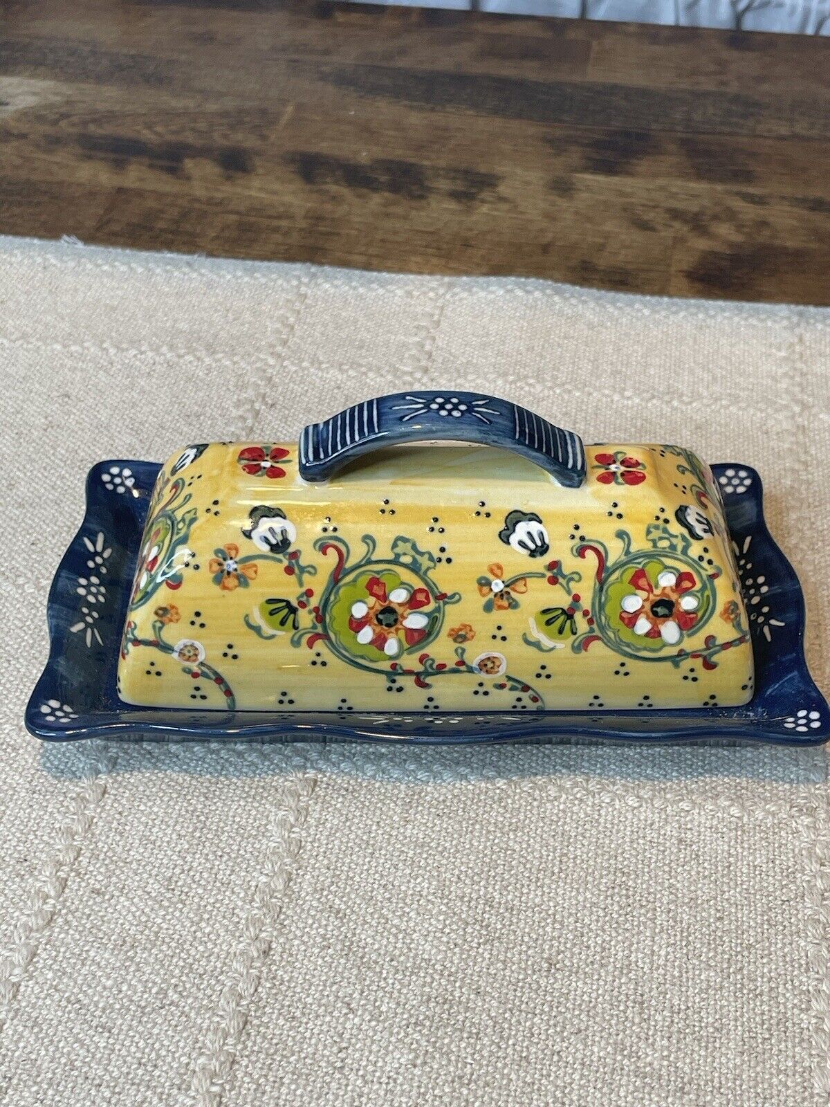 Anthropologie Hand Painted Raised Enamel Ceramic Lyna Covered Butter Dish