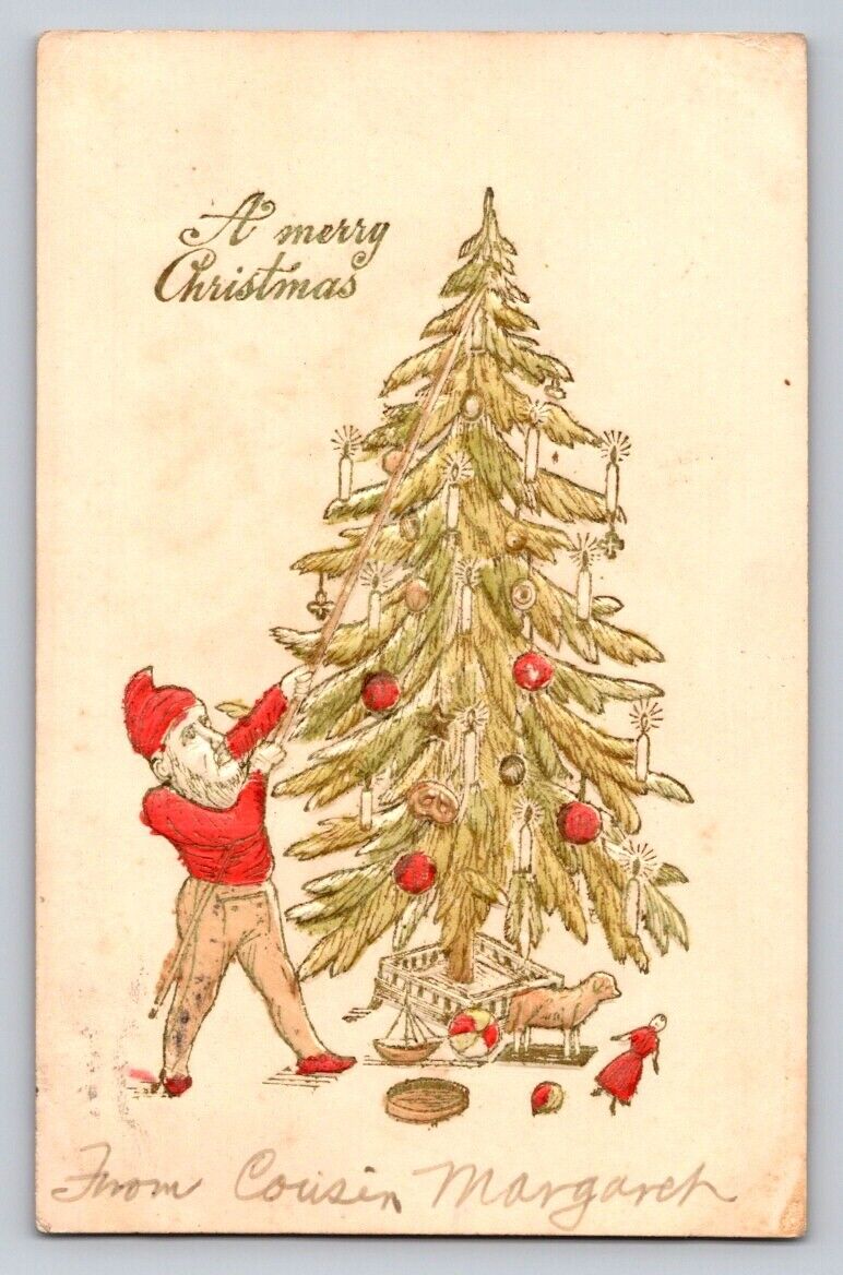 c1905 Elf Decorating Tree  Hand Colored Pretzel Candles Ornament Christmas P332