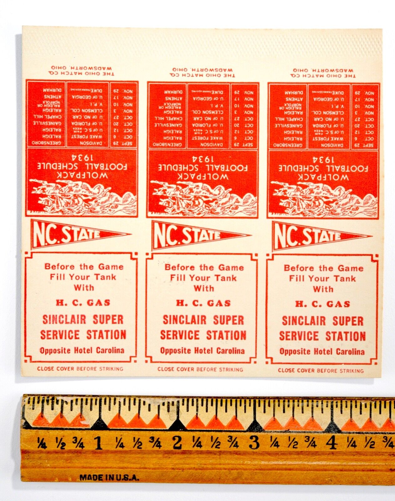 Vintage 1934 N.C. State Football Schedule Sinclair Gas Oil Matchbook Cover #14