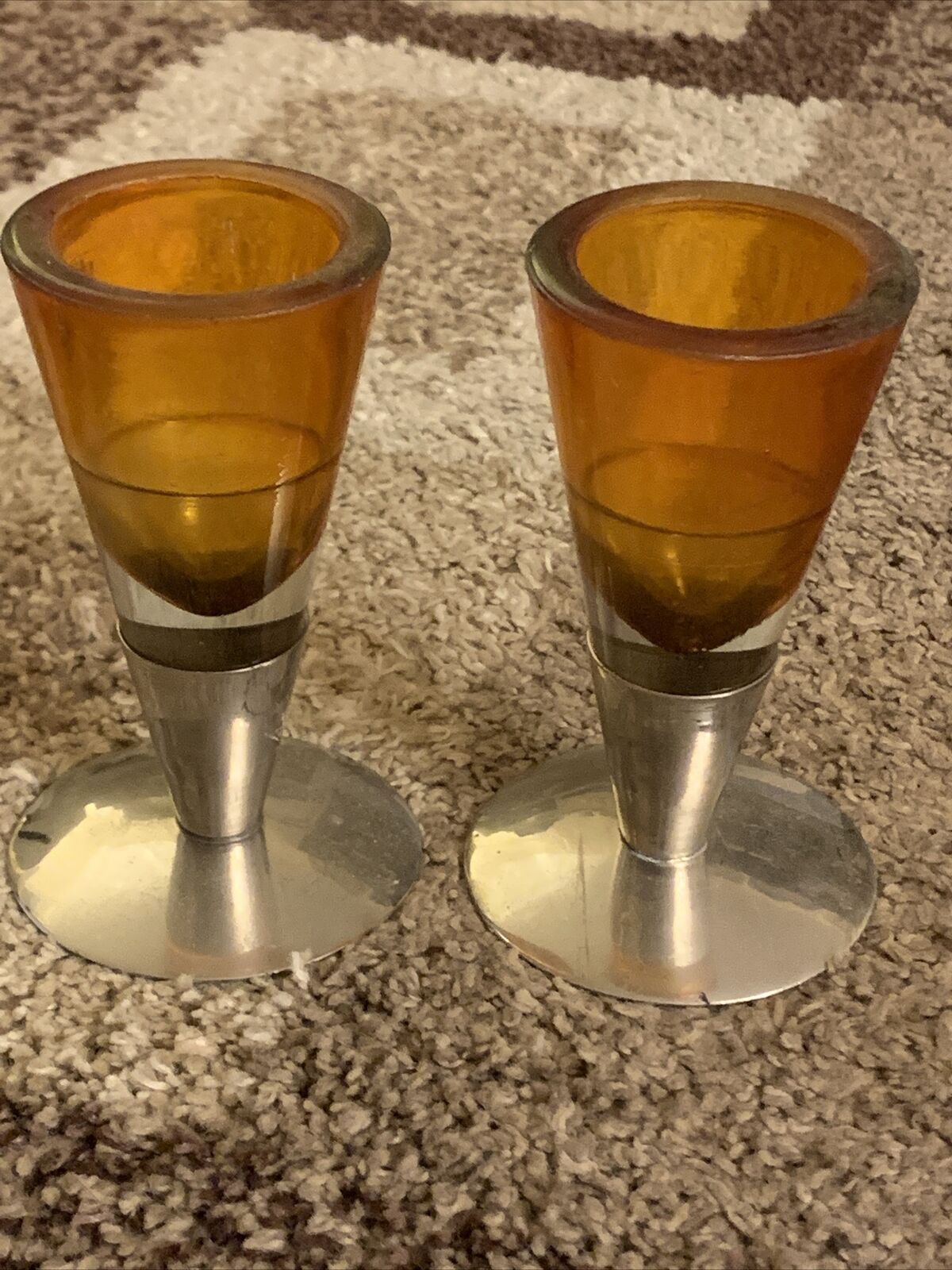 Pair of Small Mid-Century Etched Amber Shotglasses Martini RAB75