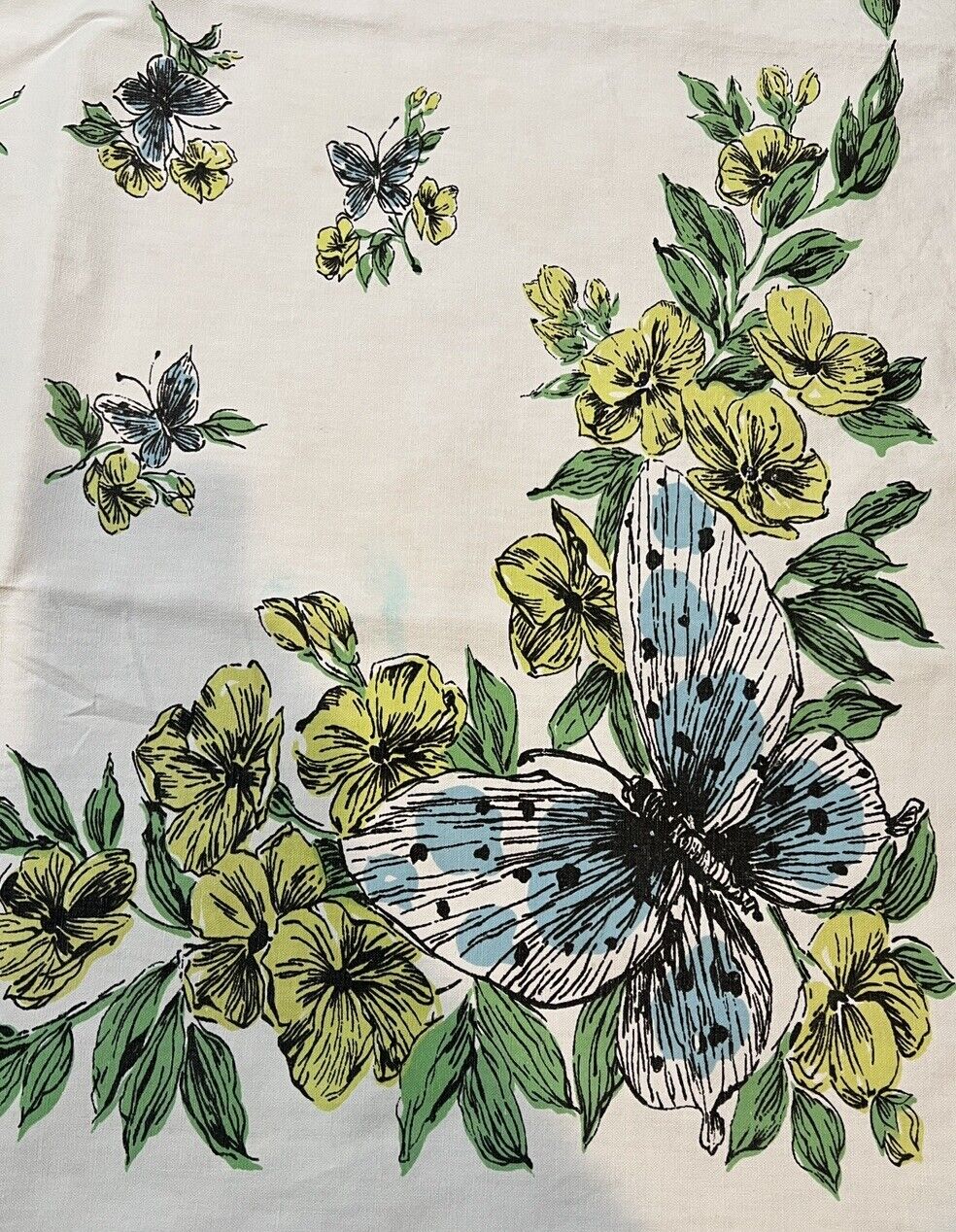 Vintage 50s Butterfly Floral Tablecloth Botanical Square Flowers Leaves 46 X 51
