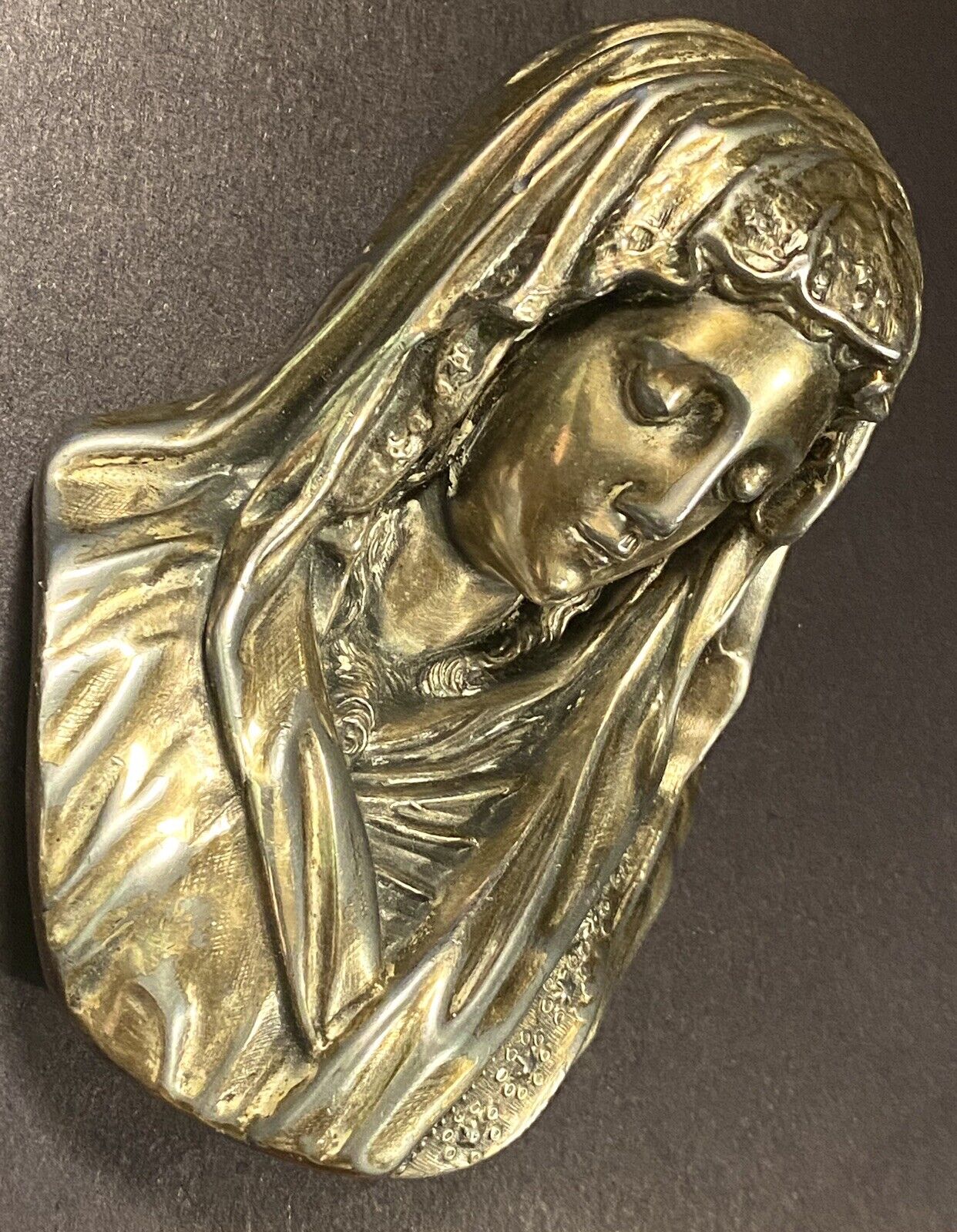 Vintage Virgin Mother Mary Silver Wall Bust Sculpture J. Catineau