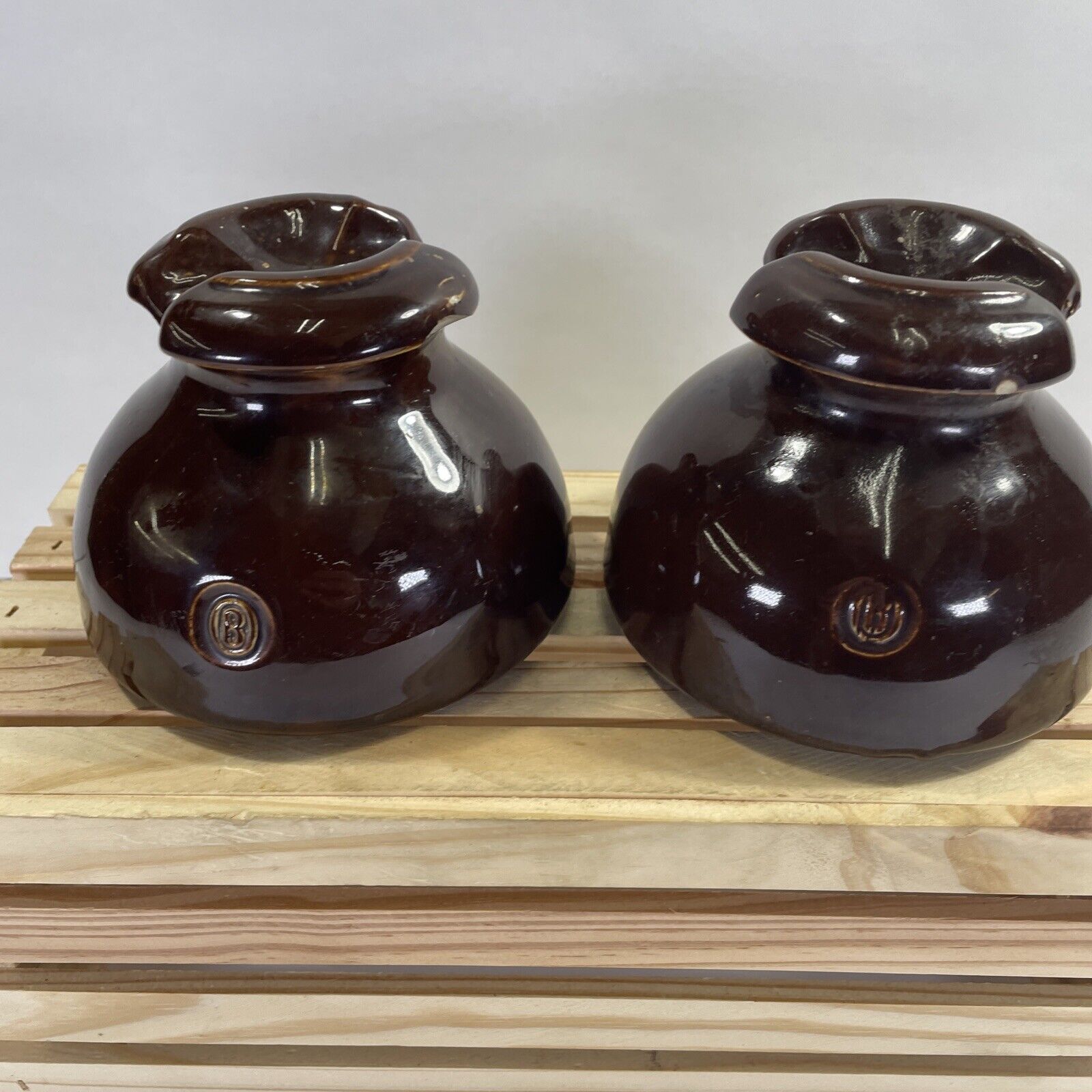 2 VINTAGE BROWN PORCELAIN ELECTRICAL THREADED POLE INSULATORs ~#B Collectible