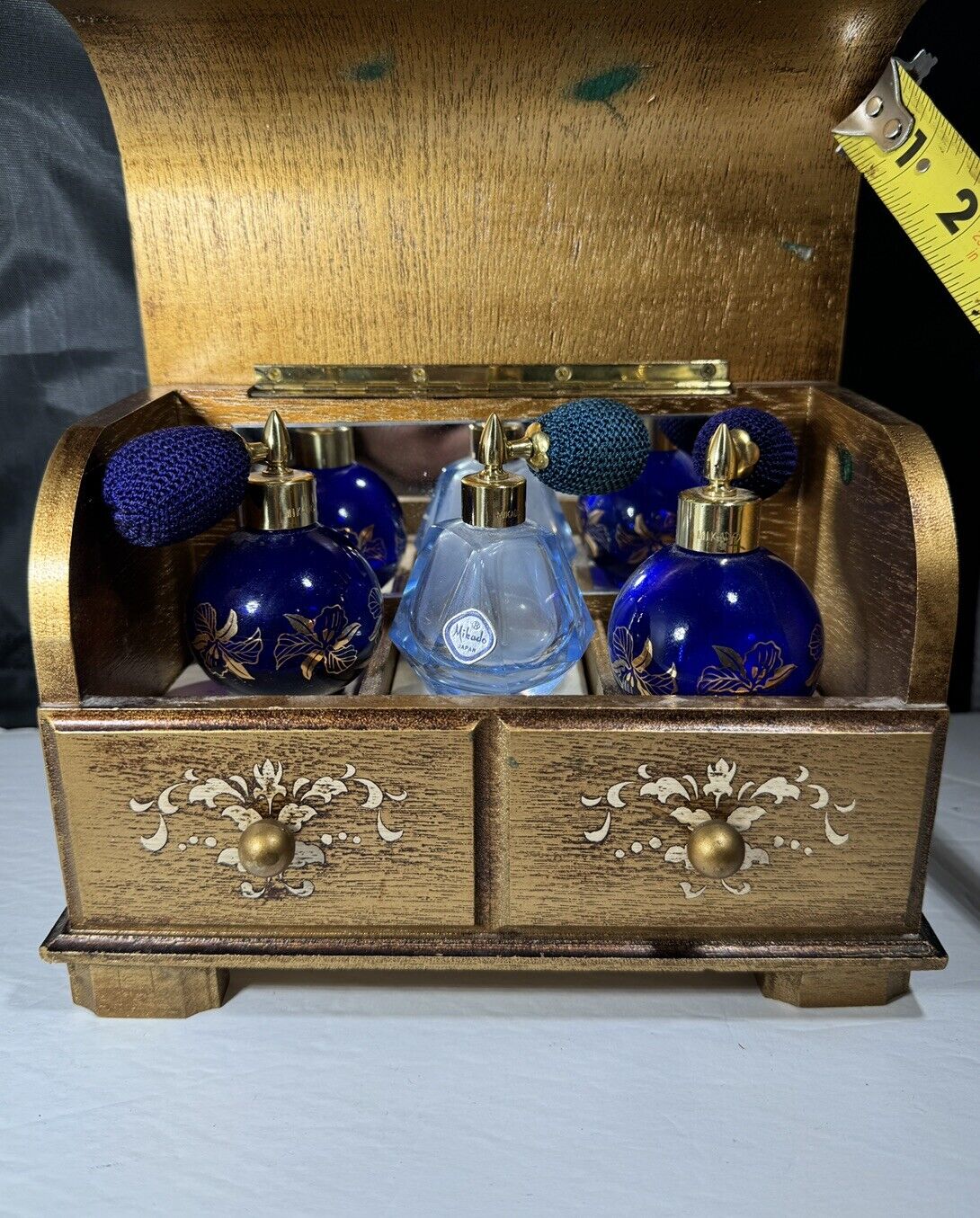 Vintage Mikado Perfume Music Box Cabinet Japan & Cobalt Blue Bottles Atomizers 3