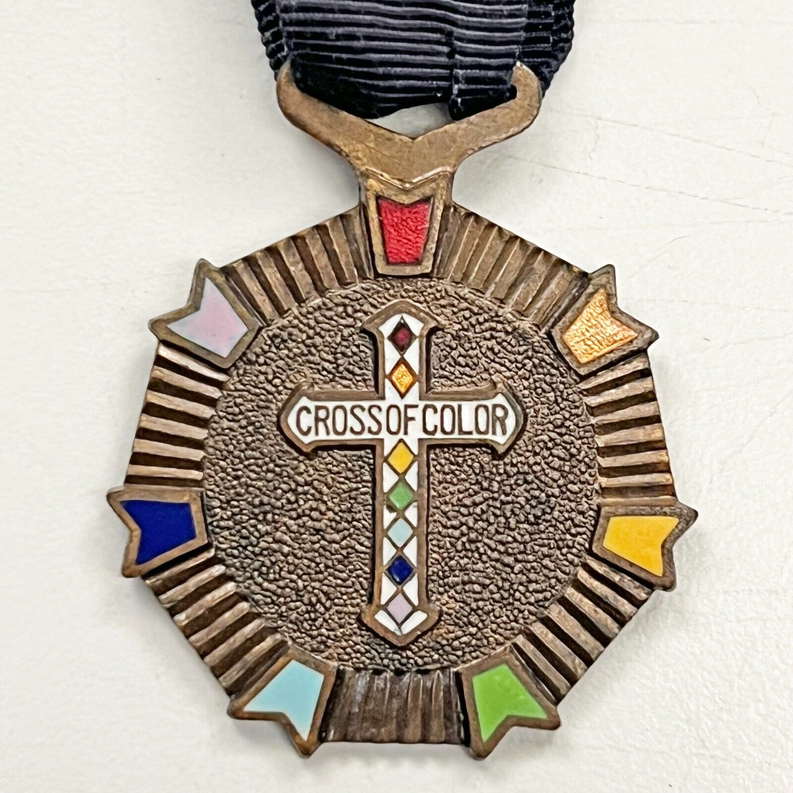 Vintage CROSS OF COLOR Medal & Ribbon Rainbow Girls Eastern Star Masonic
