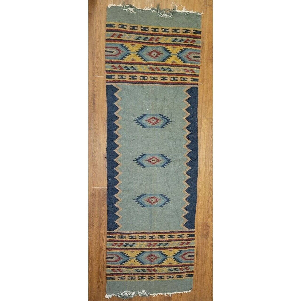 Vintage Zapotec Wool Hand woven Weaving Fringed Rug 30 x 95