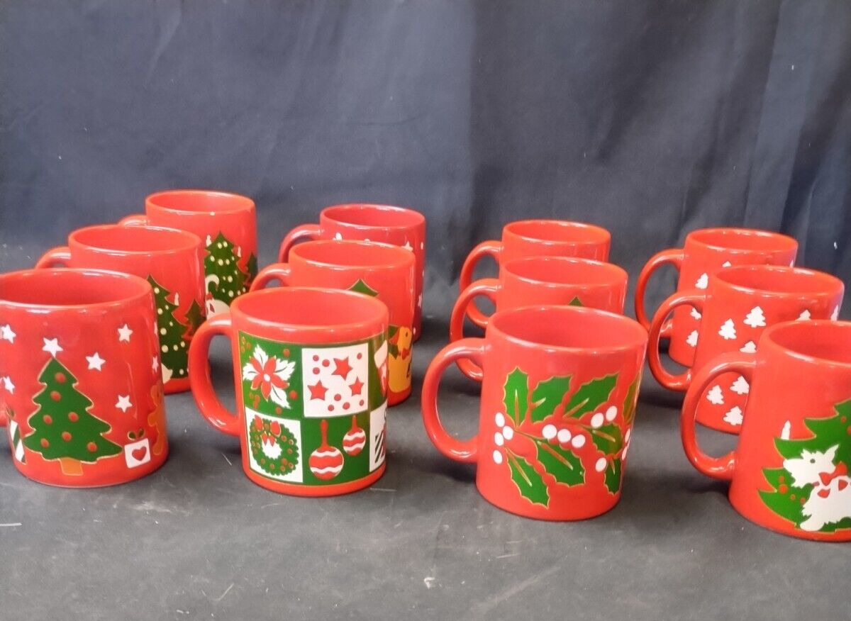 12 Vintage Waechtersbach W. Germany Christmas Themed 12oz Ceramic Coffee Mugs