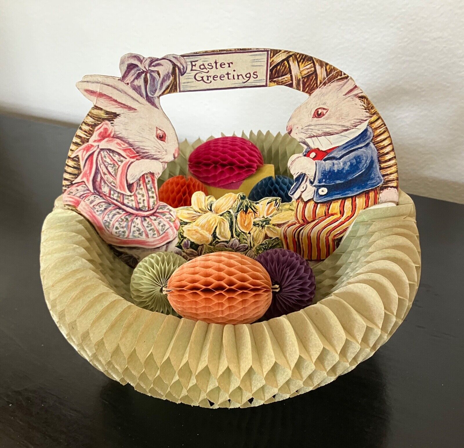 1925 Antique Beistle Diecut Honeycomb Easter Greetings basket