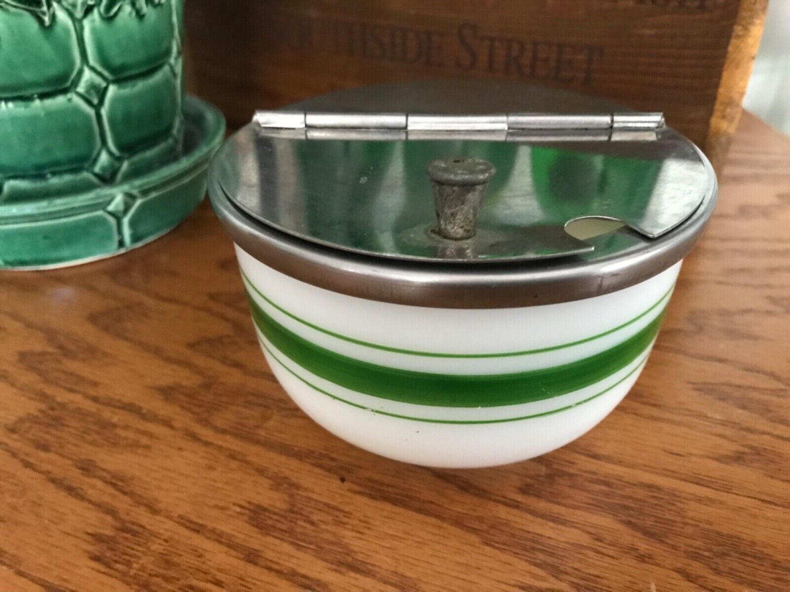 Vtg Made in USA Medco sugar bowl w/metal flip top green stripe white glass