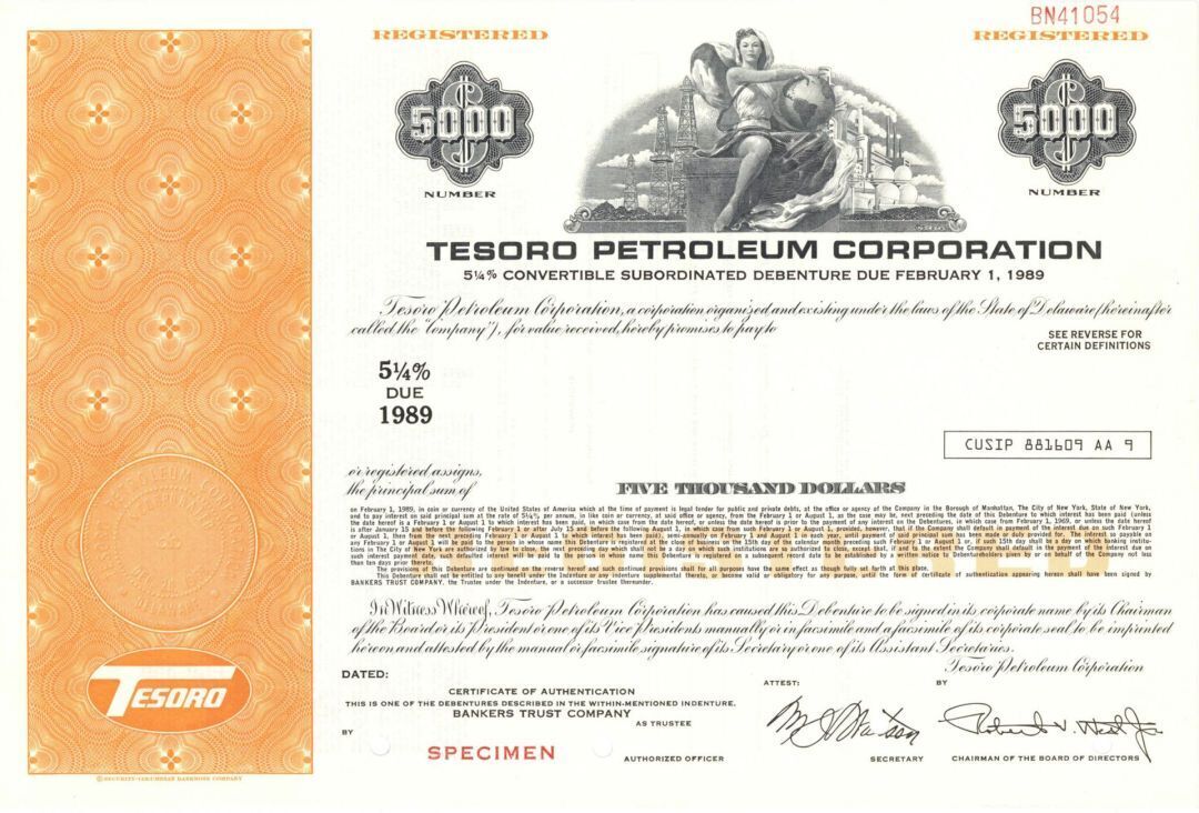Tesoro Petroleum Corp. - $5,000 Specimen Bond - Specimen Stocks & Bonds