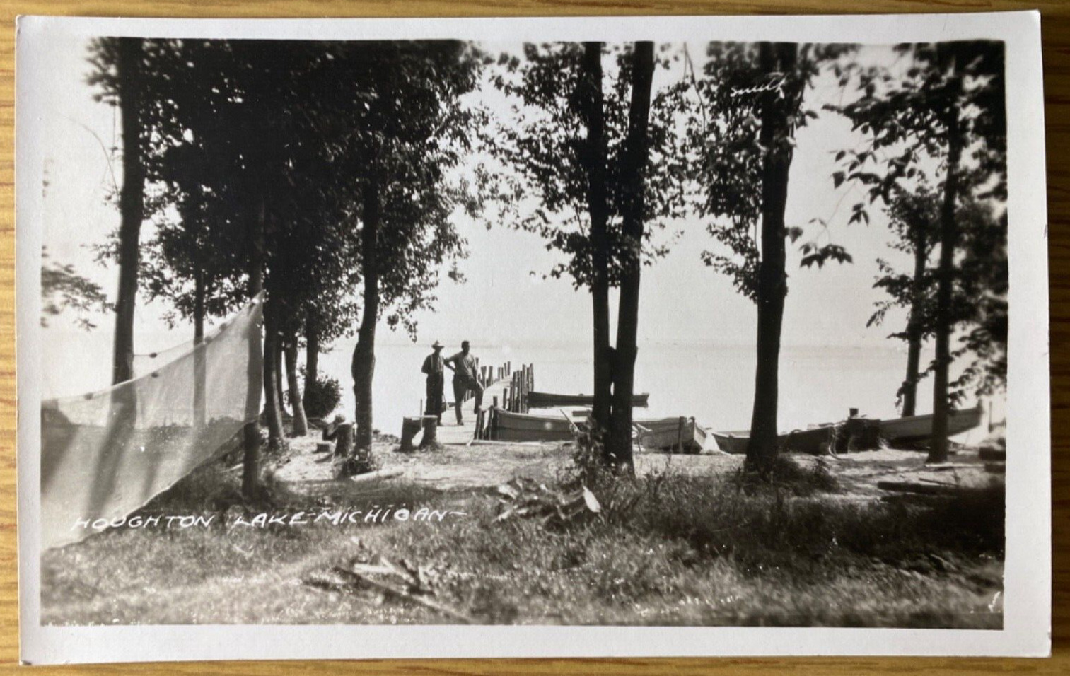 1920s RPPC - HOUGHTON LAKE, MICHIGAN antique real photo postcard DOCK WITH BOATS