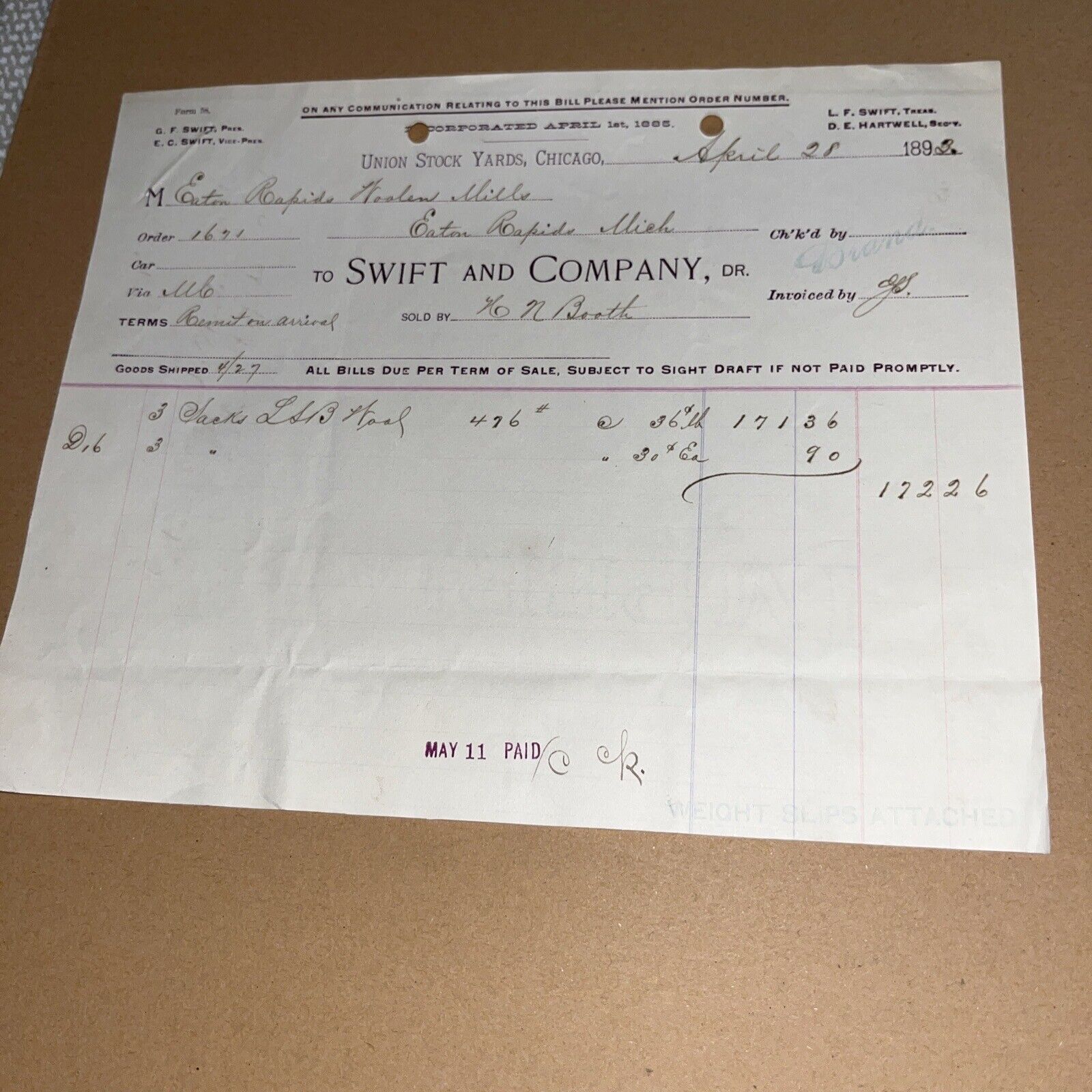 1893 Union Stock Yards Chicago (Meatpacking  District) Invoice: Swift & Company