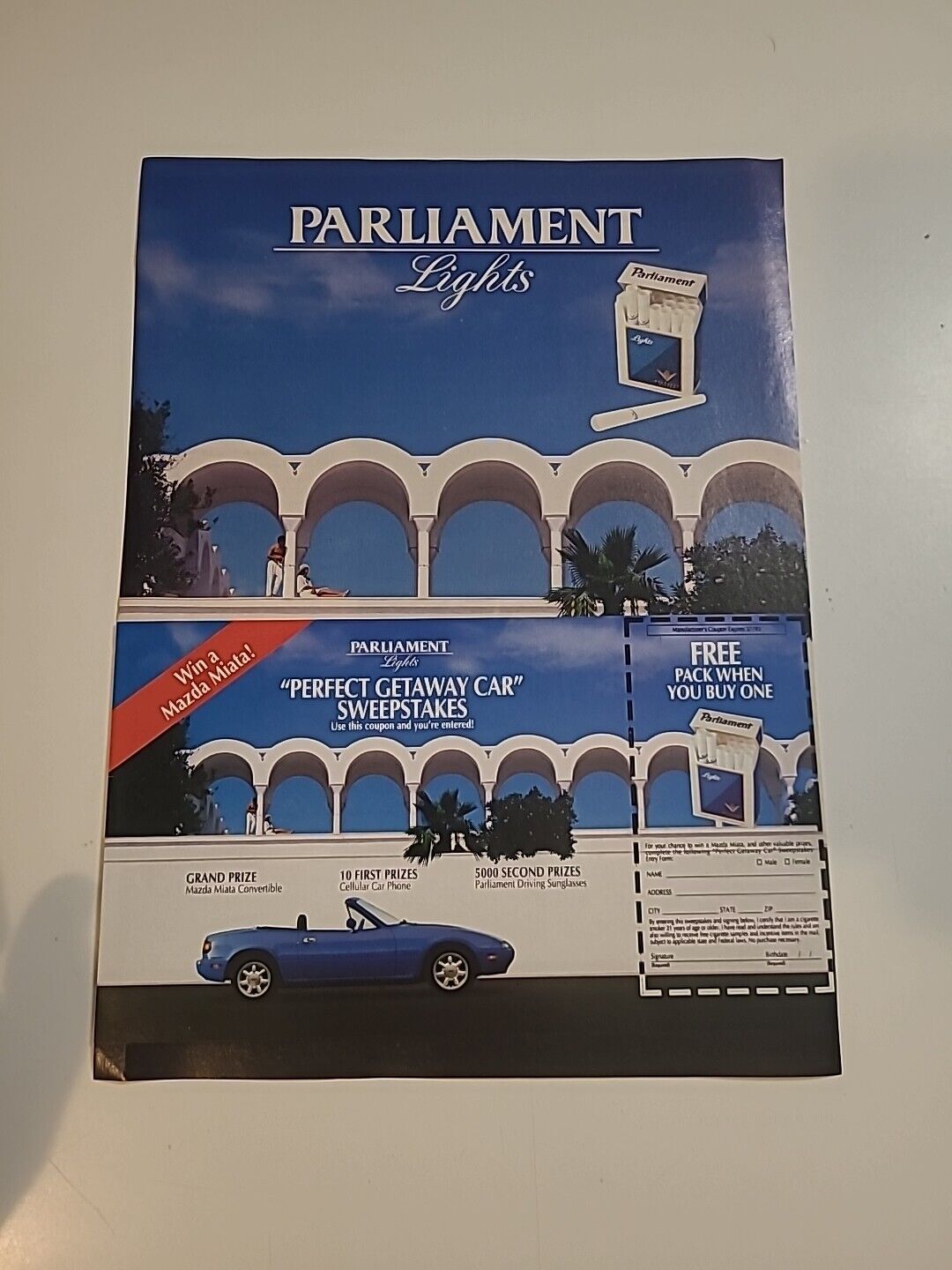 Parliament Lights Perfect Grtaway Car Sweepstakes Print Ad 1992 8x11 Vintage 