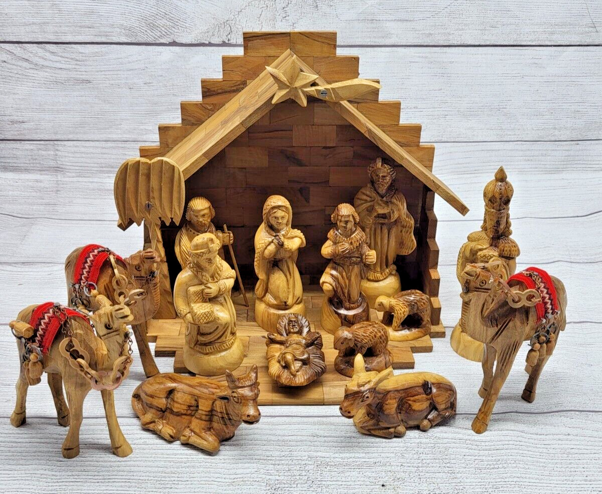Vintage 15-Piece Nativity Set Exquisite Hand Carved in Bethlehem - Olive Wood