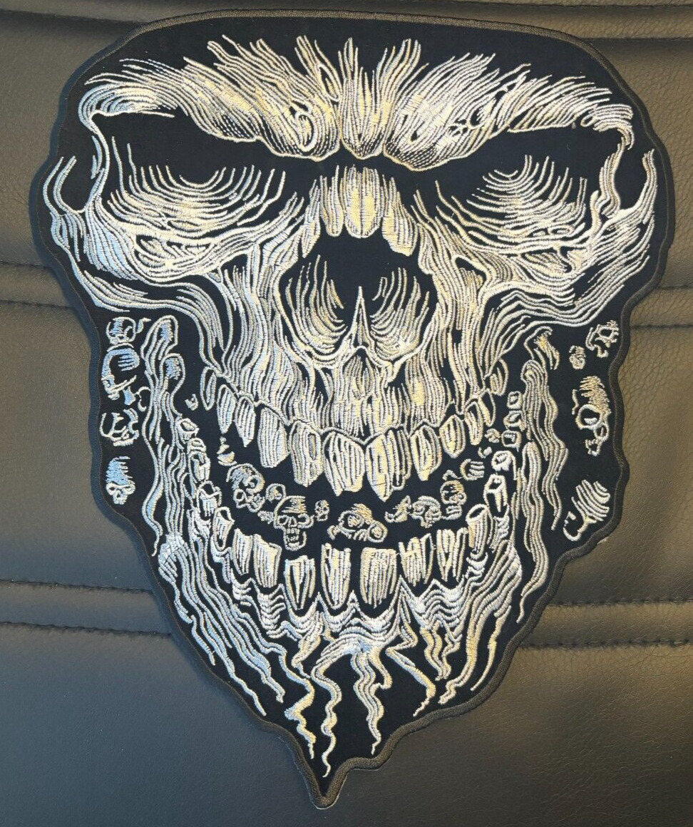 BLACK AND WHITE LARGE SKULL WITH TEETH IRON ON BIKER PATCH 11X10 INCH