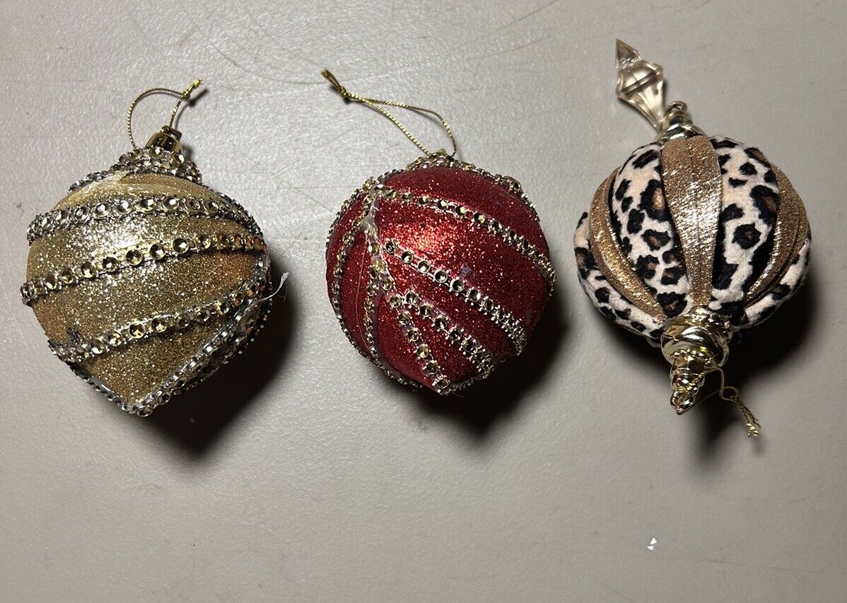 Christmas Ornaments Lot of 3 Vintage Multicolor Push Pin Beads Sequins Hand Made