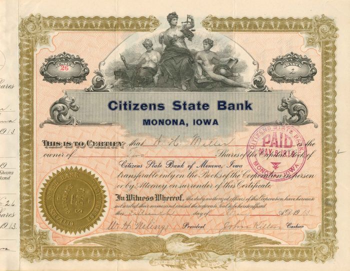 Citizens State Bank - Stock Certificate - Banking Stocks