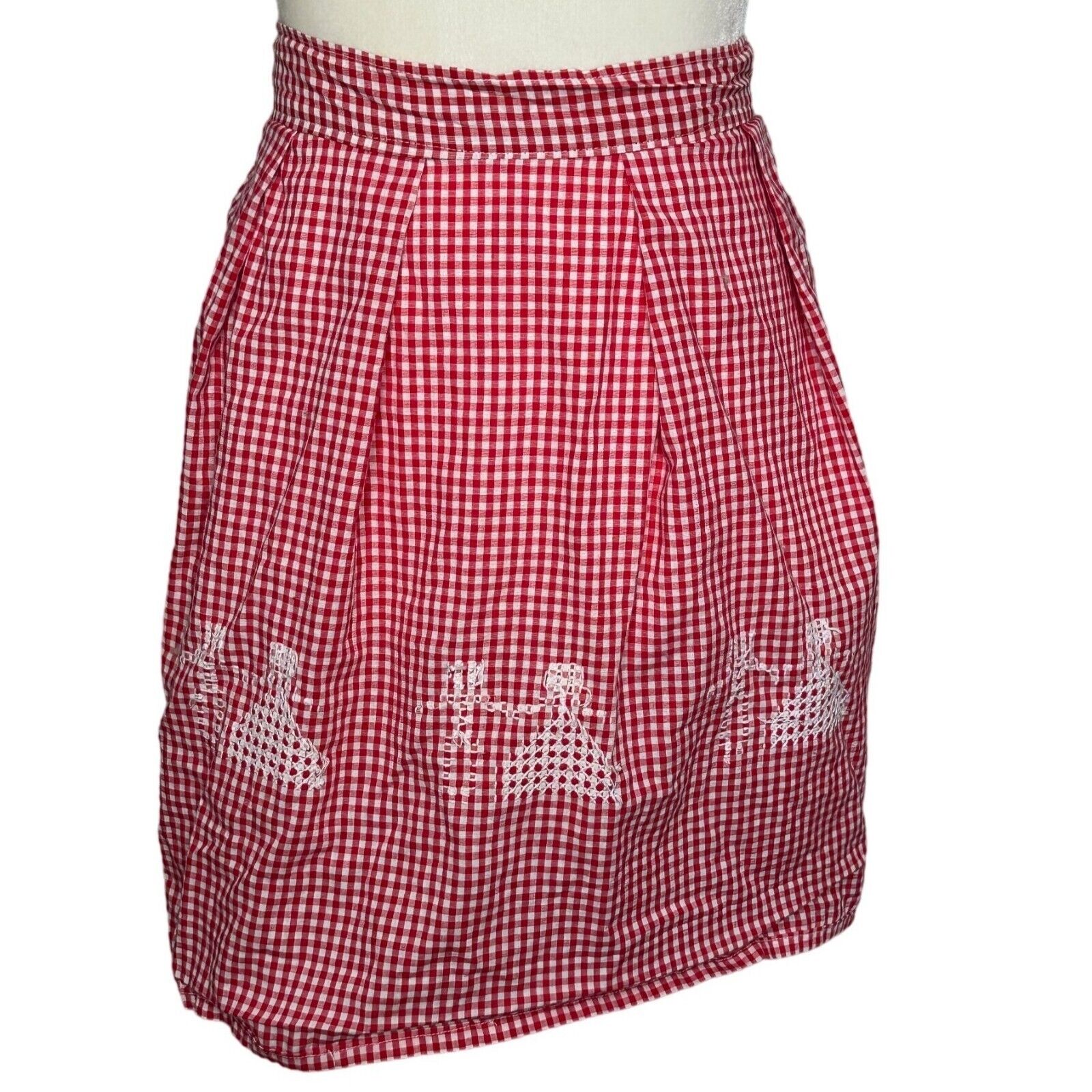 Vintage Red & White Gingham Checkered Half Apron Cross Stitch Embroidery