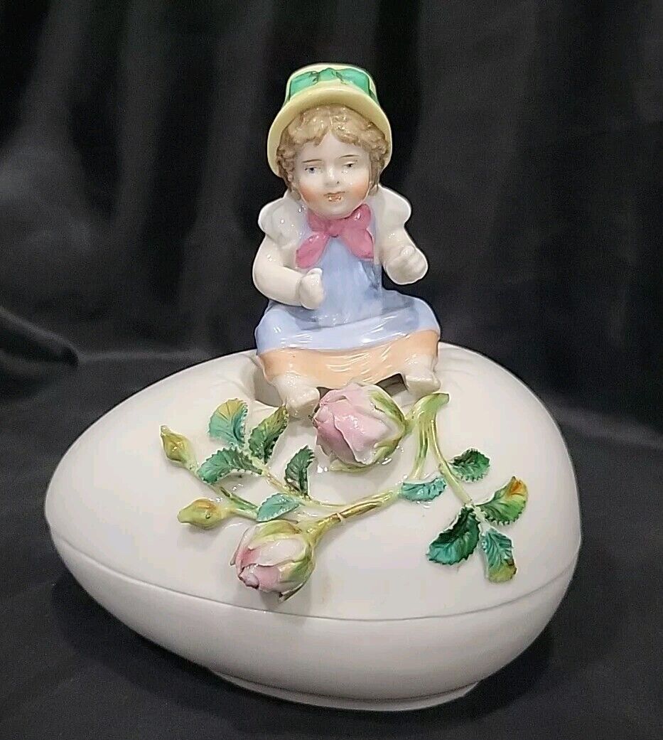 Antique German KPM Porcelain Sweet Gerl On Egg Figurine Roses APPLIED 