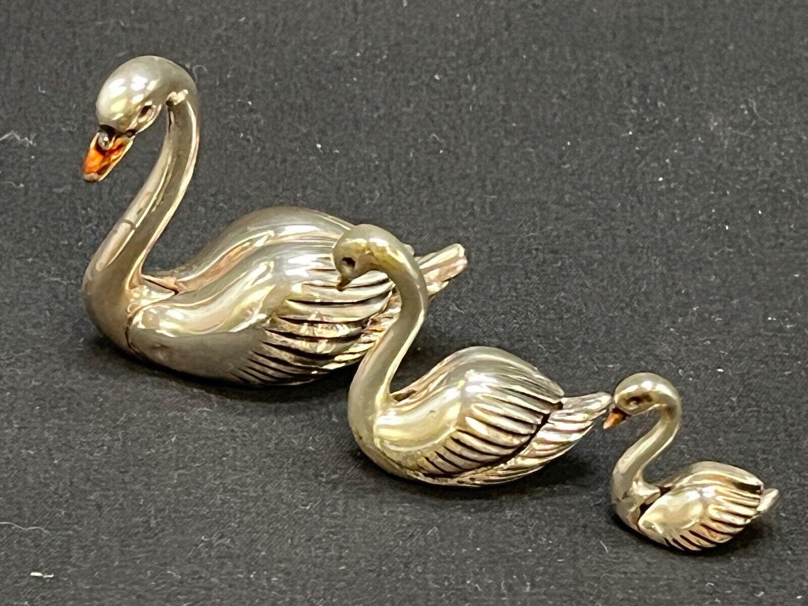 Rare Trio of Tiny Sterling Swans with Colored Bills, Removable Wings  Marked 925