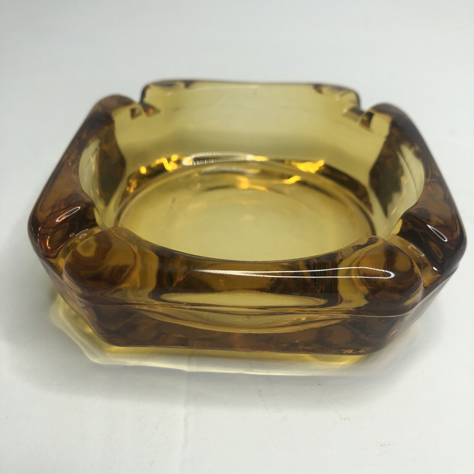 Vintage Mid Century 3.5”Square Amber Glass Ashtray Very Good Condition