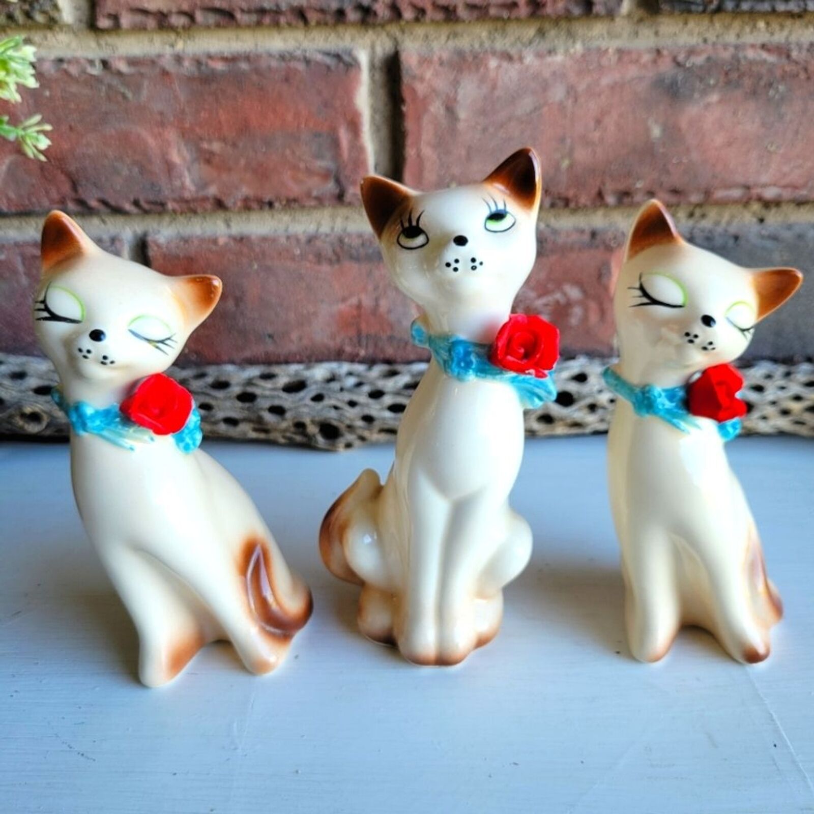 RARE Trio of Long Neck Kitschy Siamese Cat Figurines with Floral Rose Accents