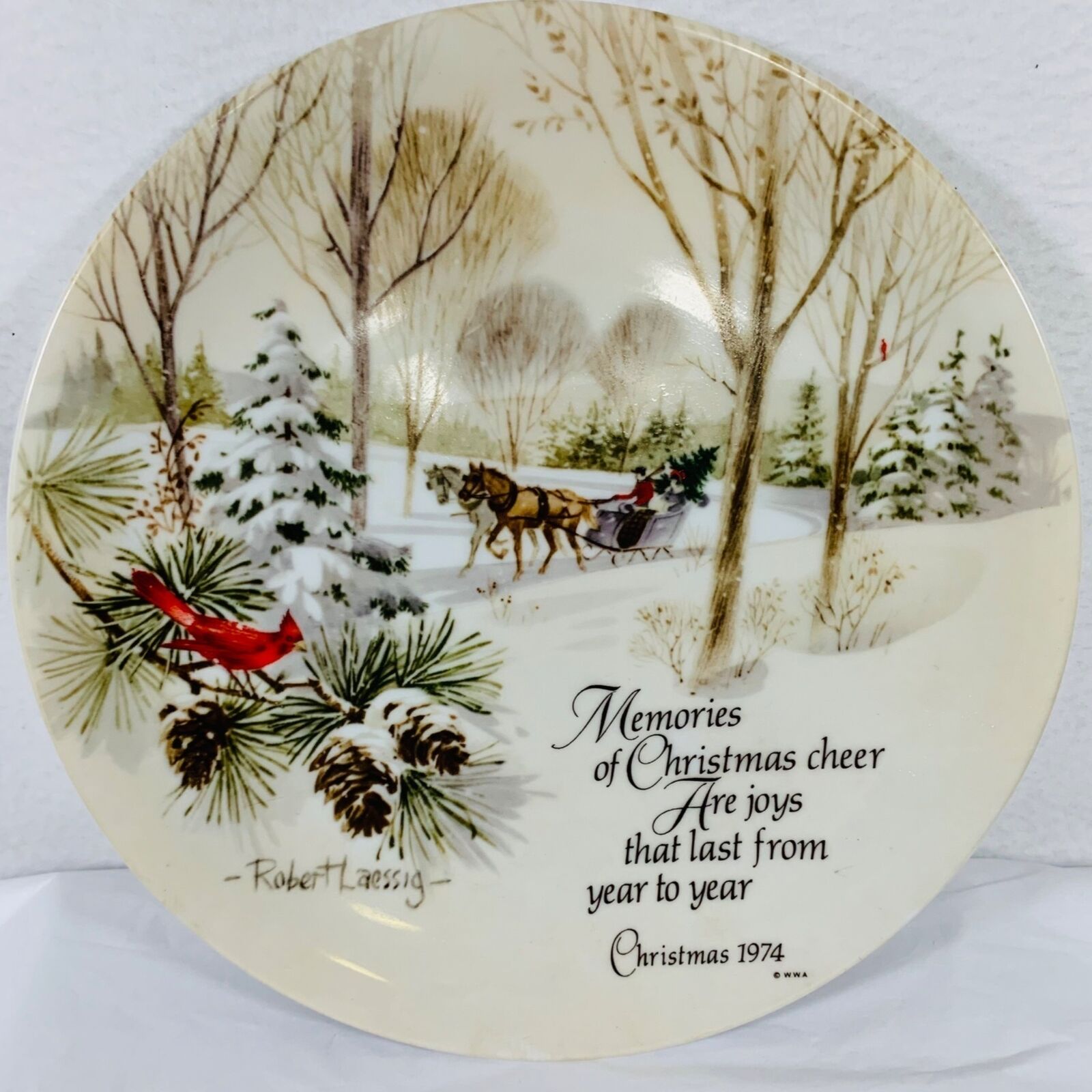 VTG Christmas Plate 1974 Robert Laessig Cardinal Sleigh Dashing Through Snow