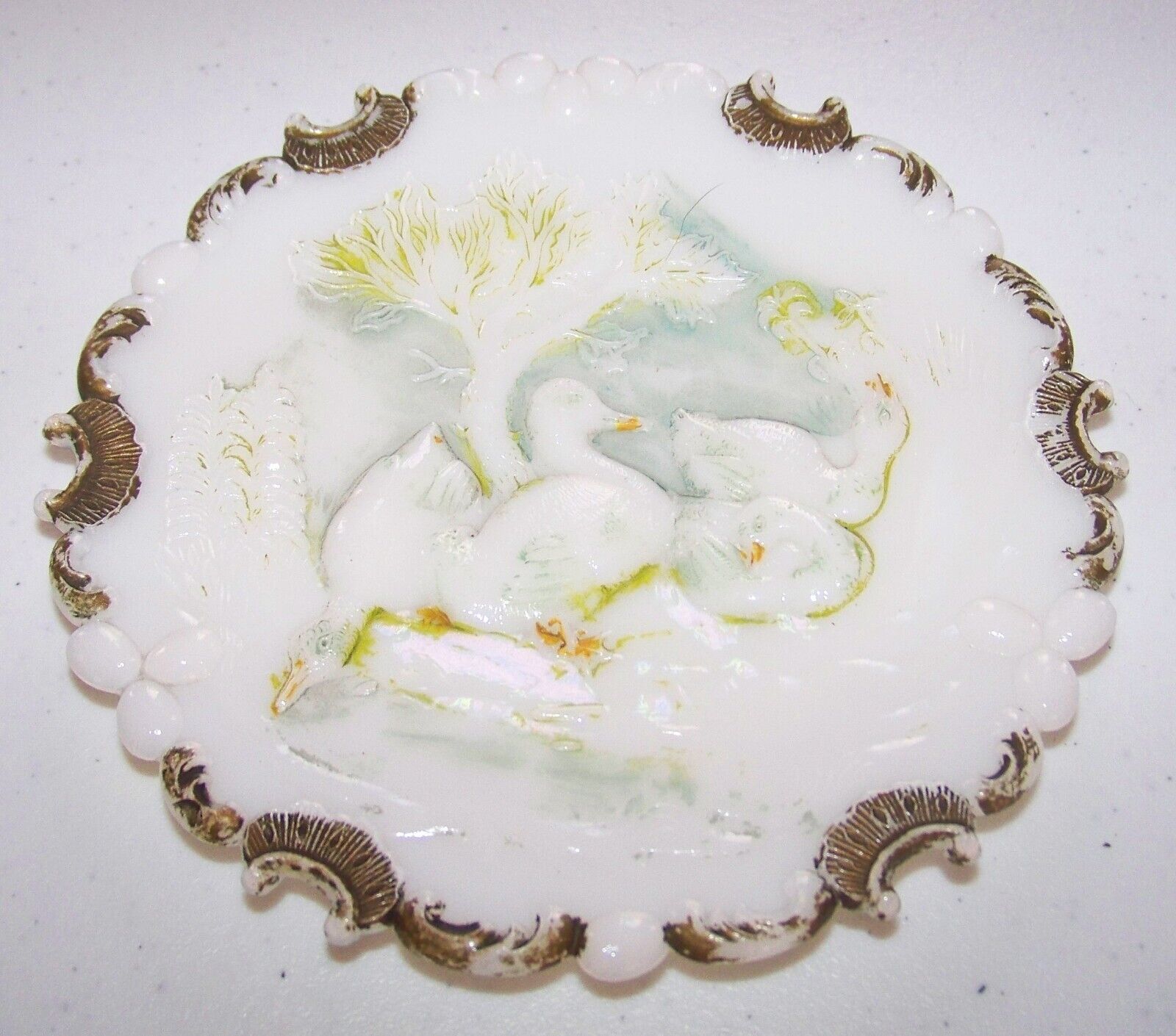 Dithridge EAPG White Milk Glass Easter Plate Ducks Eggs Embossed Antique 1893