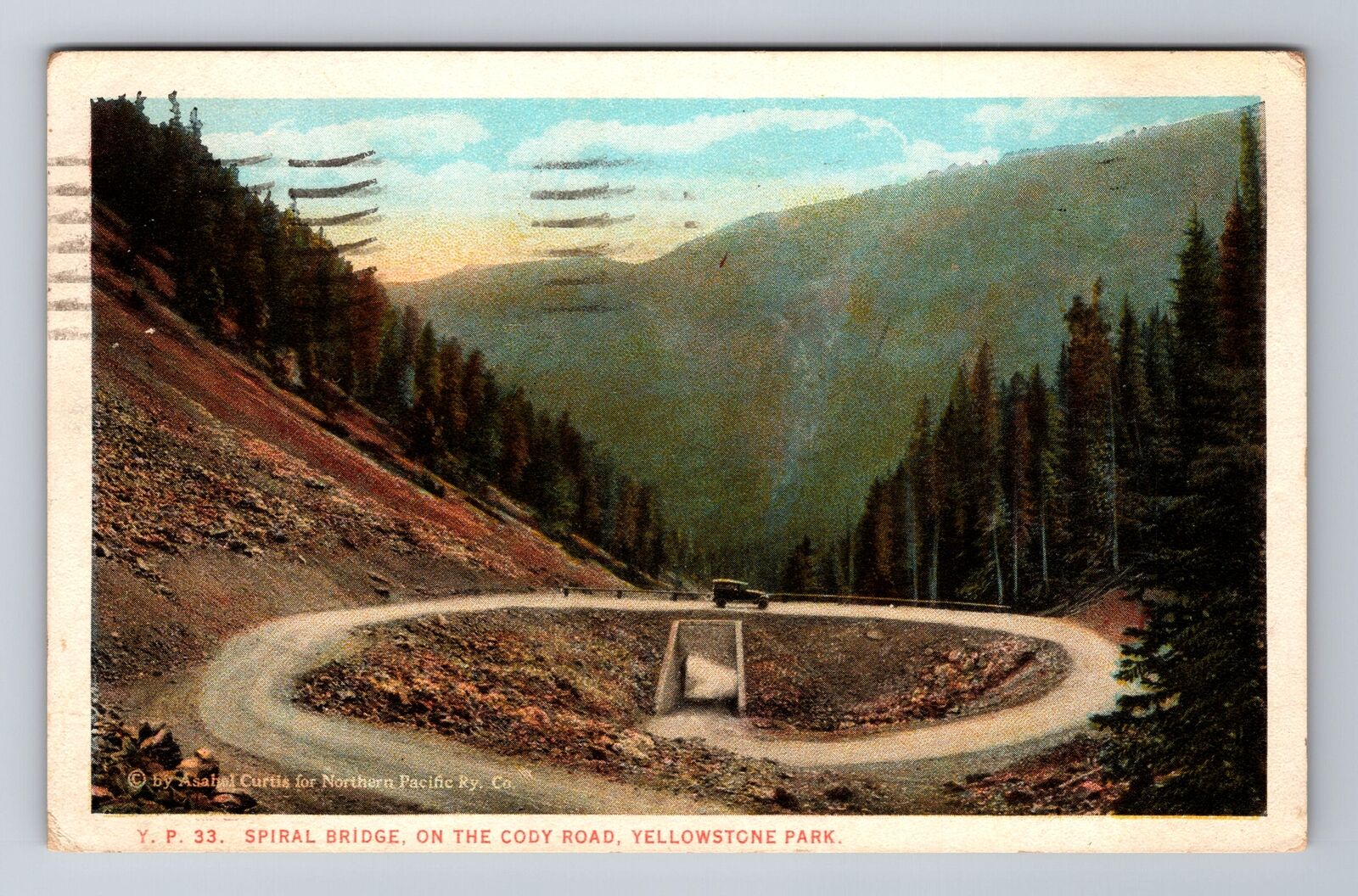 Yellowstone WY-Wyoming, Spiral Bridge, Cody Road, c1925 Antique Vintage Postcard