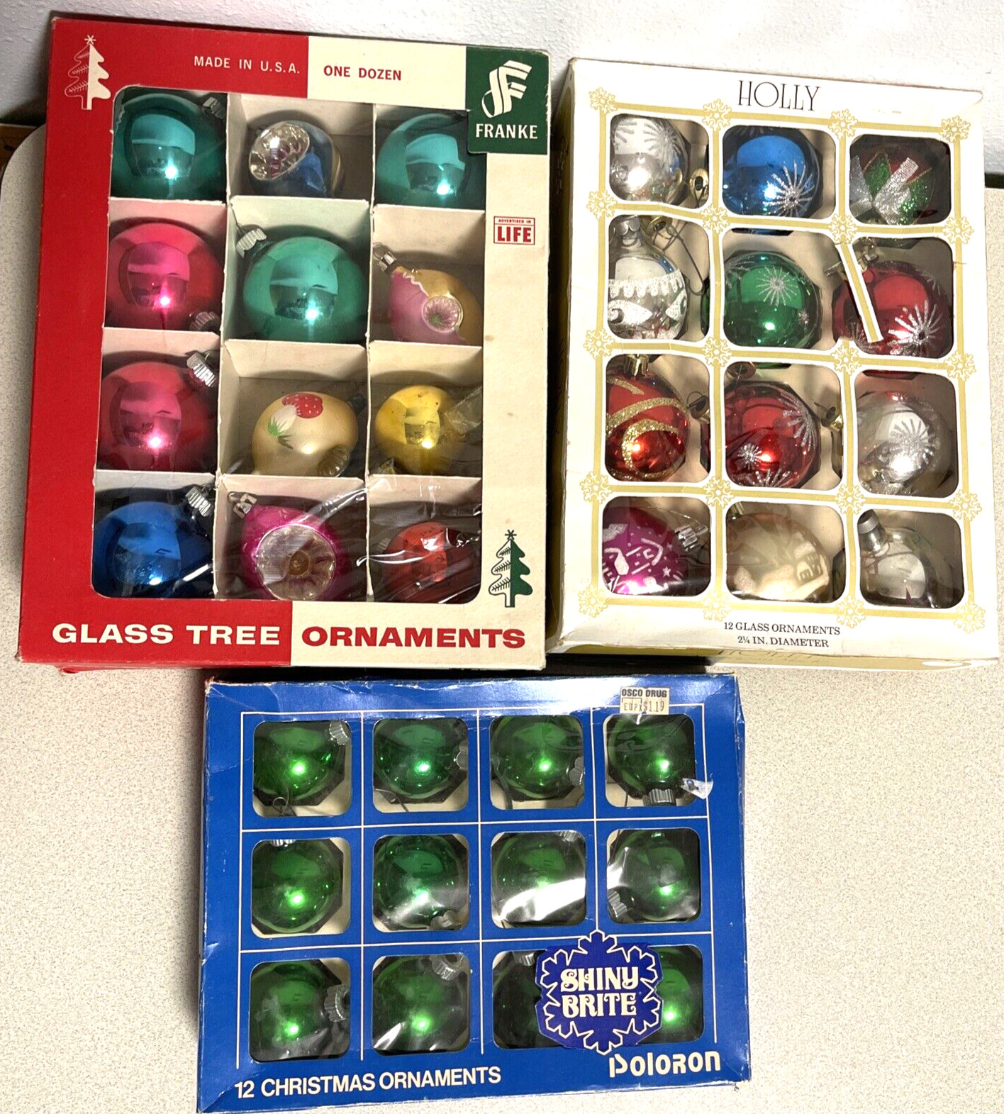 36  Glass Ball Indent Stencil Glitter Christmas ornament Shiny Brite Holly Box