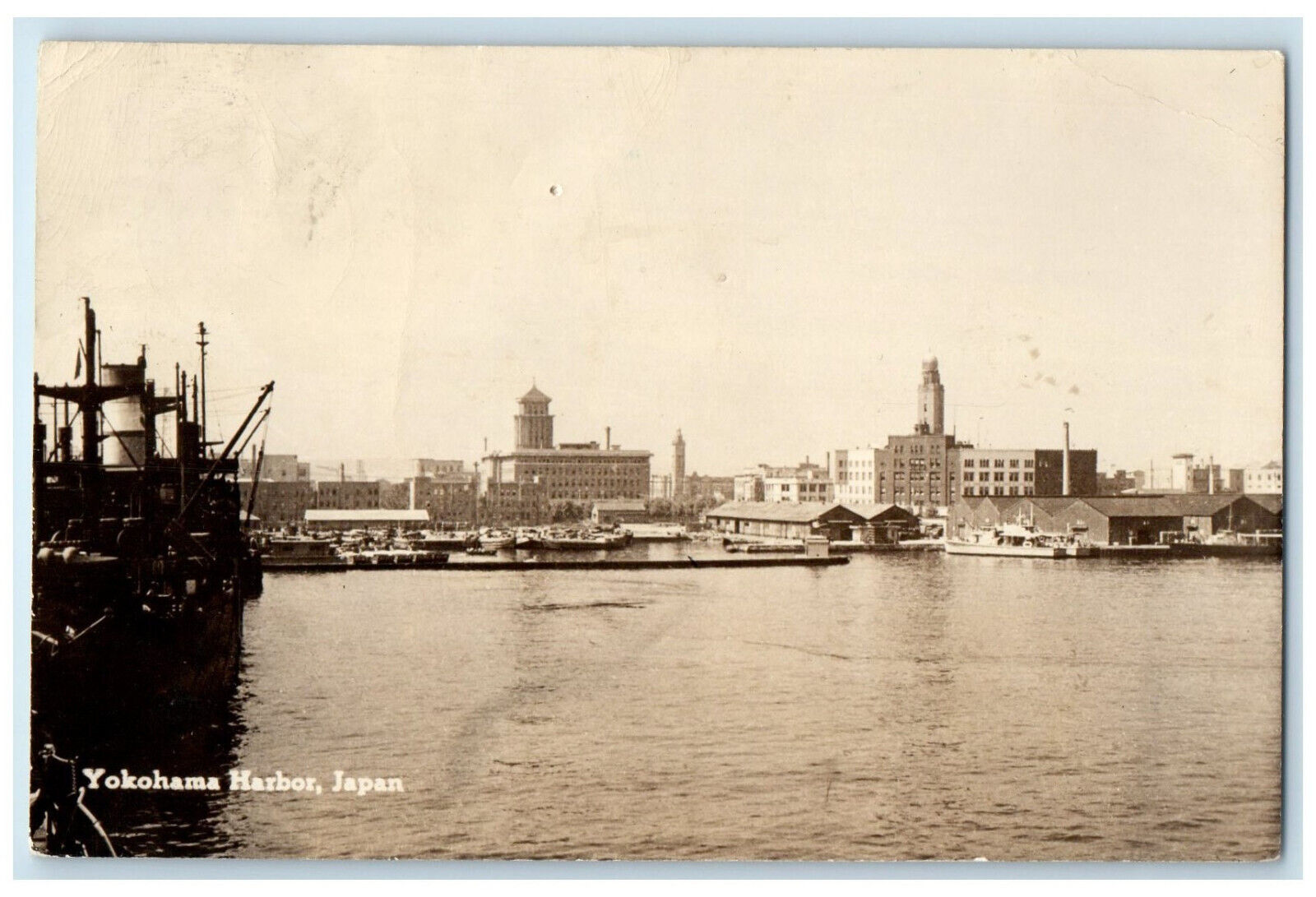Kanagawa Japan RPPC Photo Postcard Yokohama Harbor River View c1920's