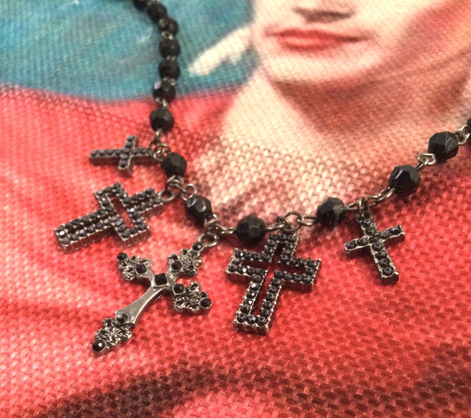 Vintage Mod Gothic Jet Black Glass Bead Silver Cross Pendant Goth Necklace