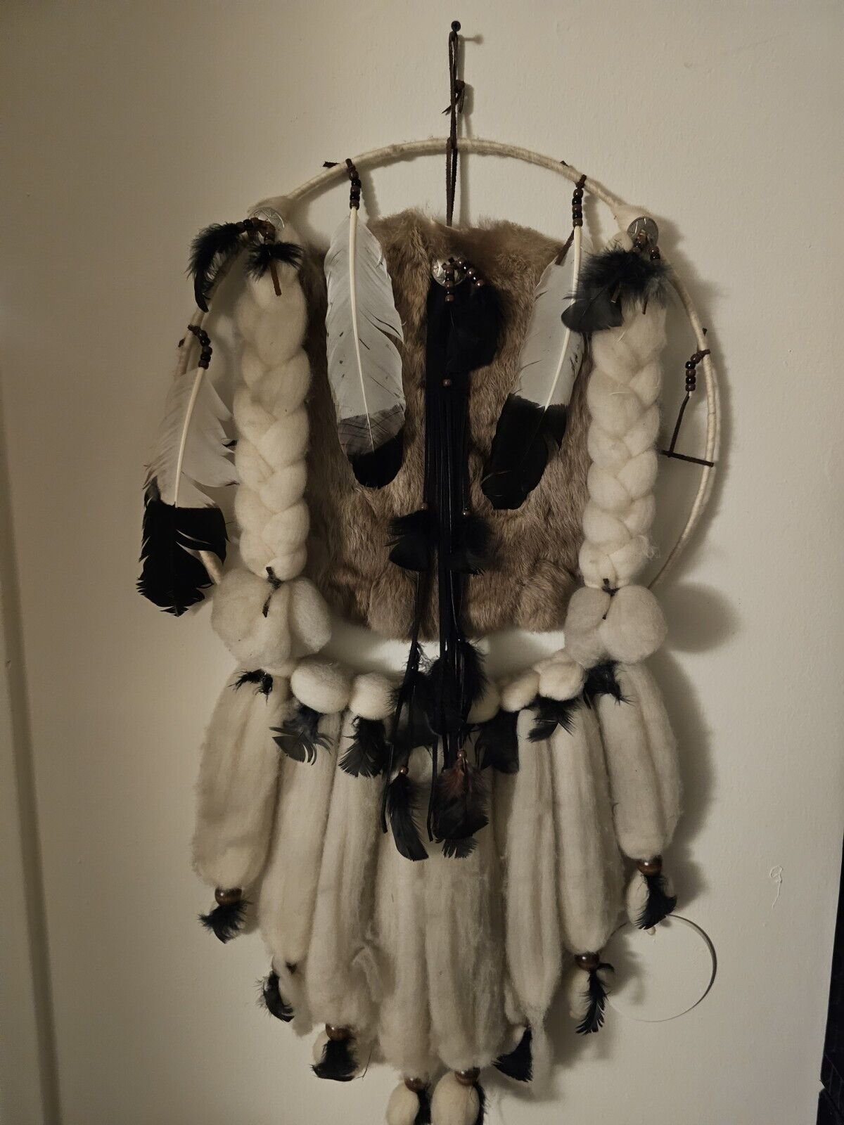 DREAM Catcher Native American Mandala Fur Wool Feathers Beaded Large Vintage 