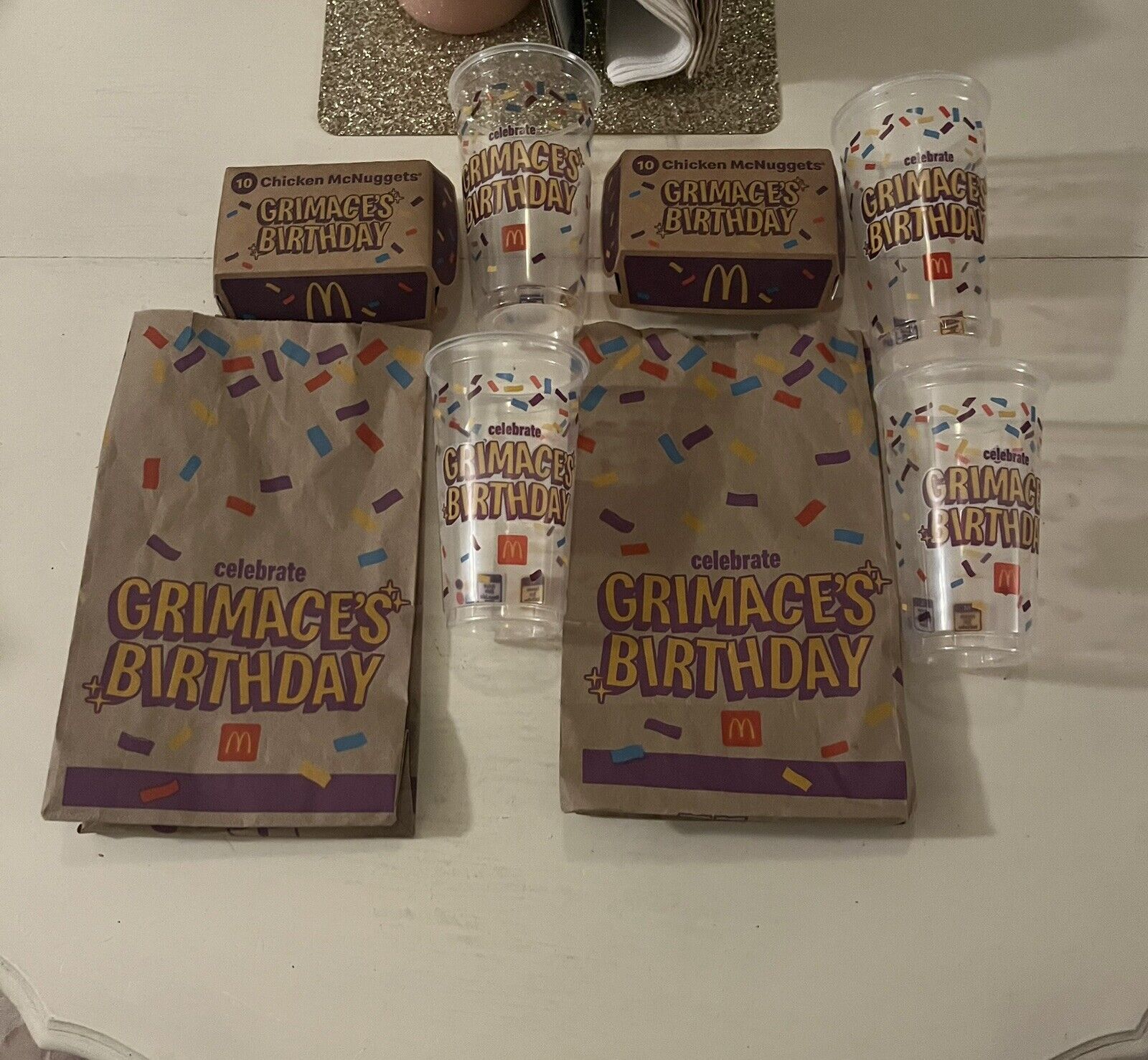 2023 Discontinued Grimaces Birthday McDonald’s Bag, Cups, Boxes 