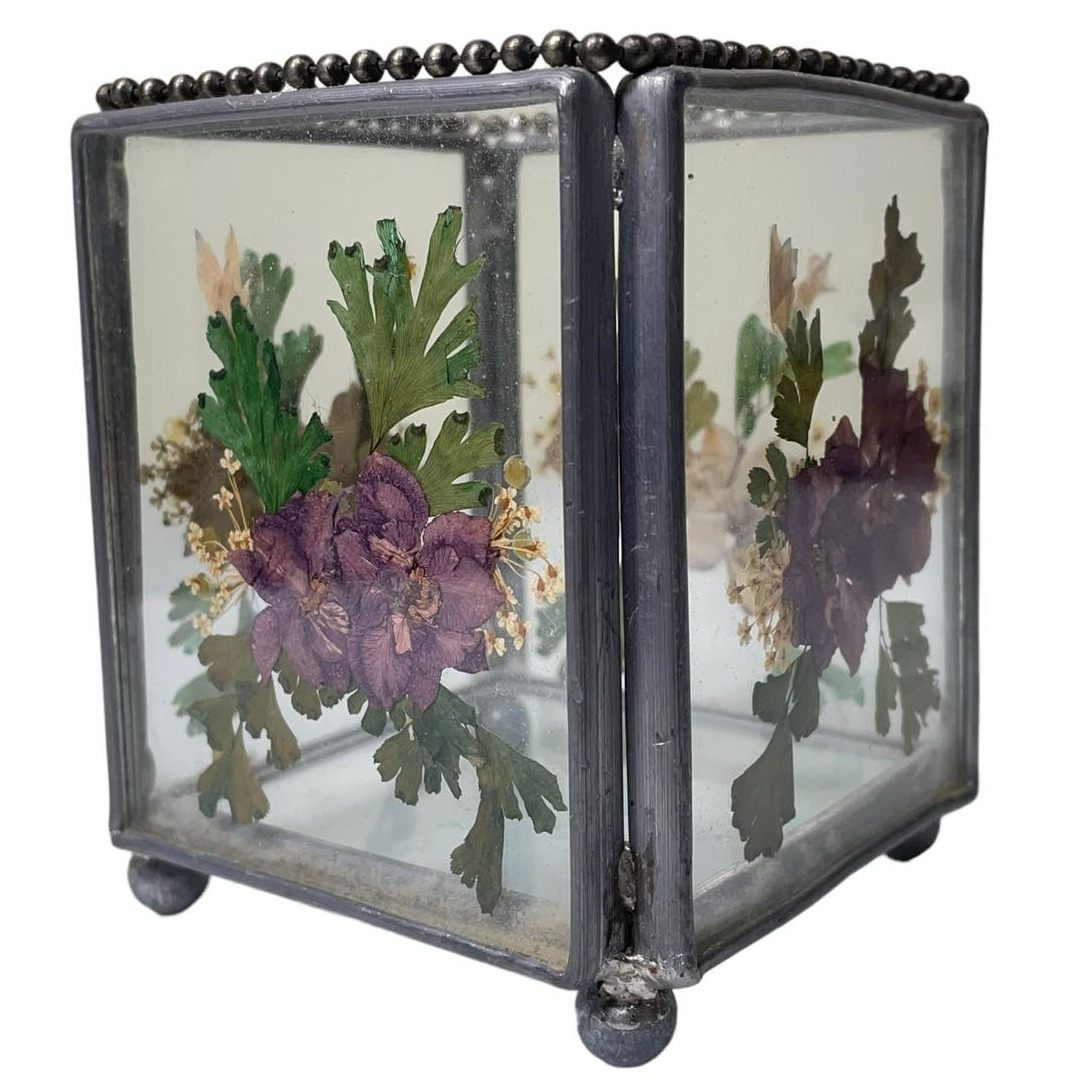 Vintage Dried Pressed Flower Glass Candle Tea Light Votive Holder Square Silver