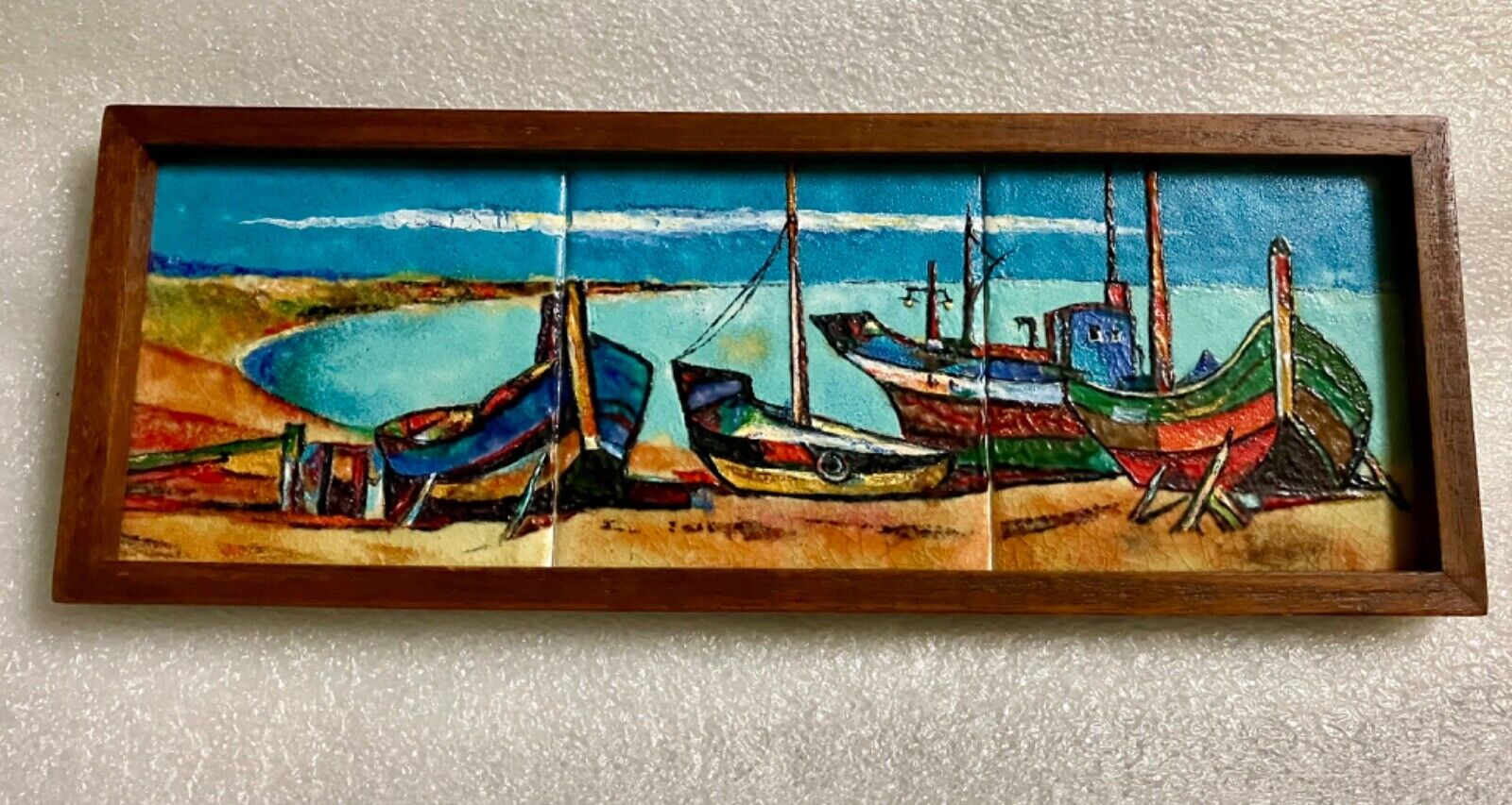 Small  Colorful Harris Strong Tiles Plaque Boats Dry Dock 13  1/2” x  5”