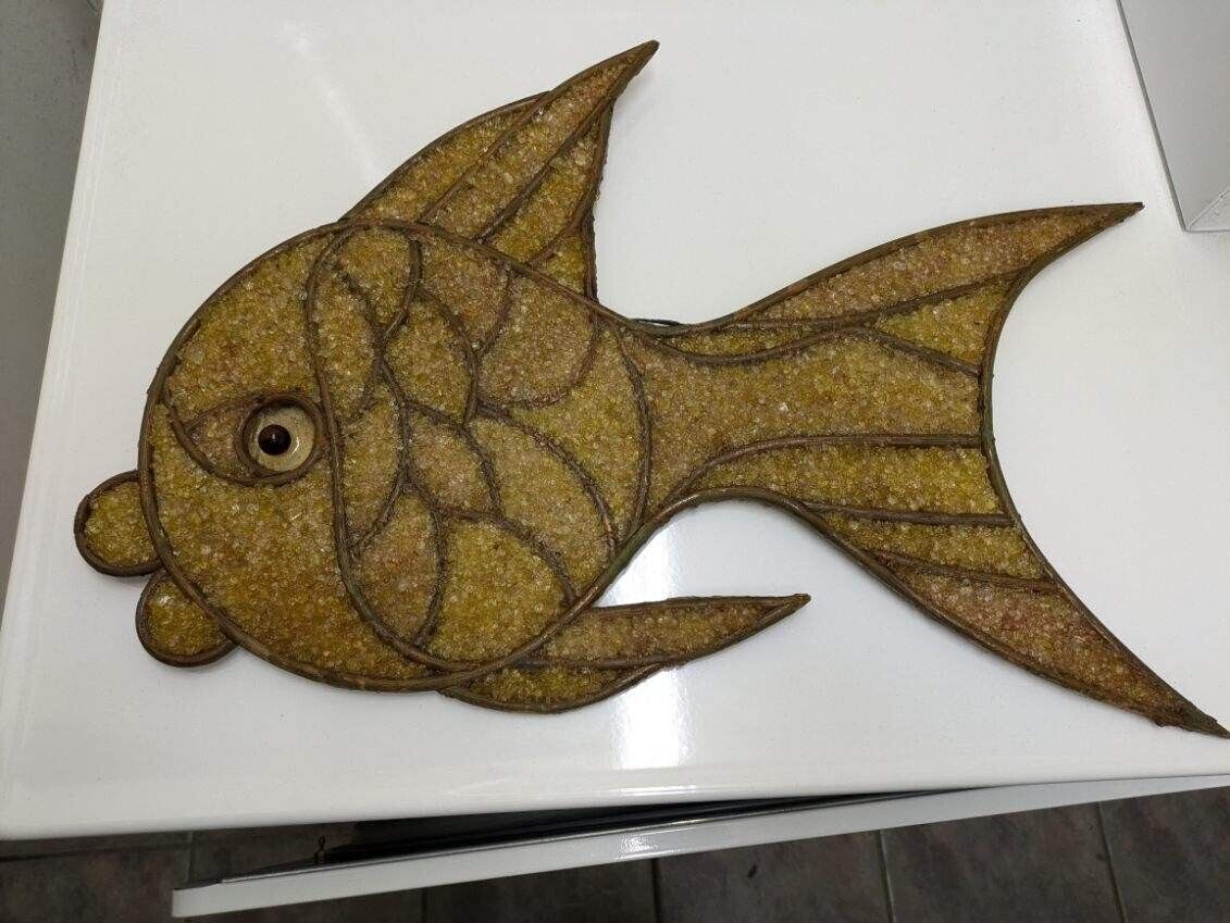 Vtg. MCM yellow chunky lucite wood framed fish wall hanging.